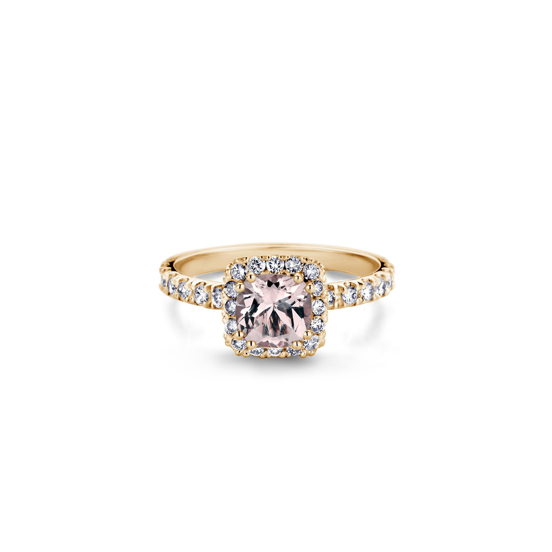 Ring London Halo met een cushion geslepen middensteen. Een diamanten Halo geeft de middensteen een heerlijk luxe gevoel, natuurlijk hebben we het diamant door laten lopen in de band. Verkrijgbaar met 4 verschillende soorten Edelstenen.

Leverbare goudkleuren: 18kts geel, wit en roségoud.

Alle R&C sieraden worden handgemaakt van verantwoord en 100% gerecycled goud.