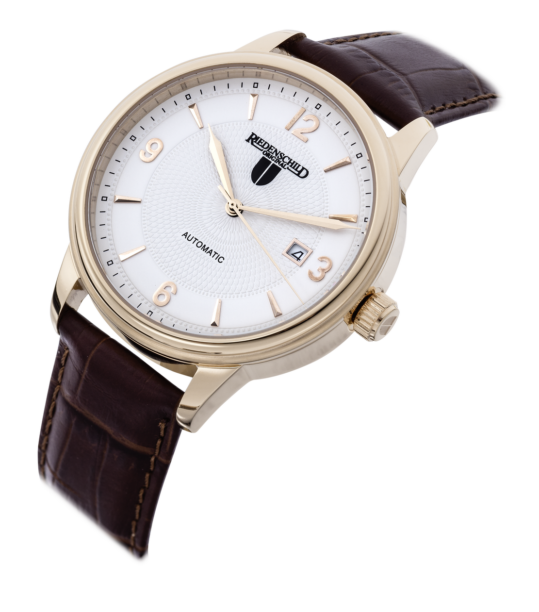 Goudkleurige automaat met datum en bruin leren band.