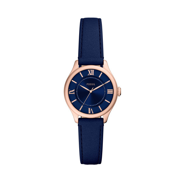 Fossil dameshorloge, blauwe lederen band, rosé kast, blauwe wijzerplaat.
