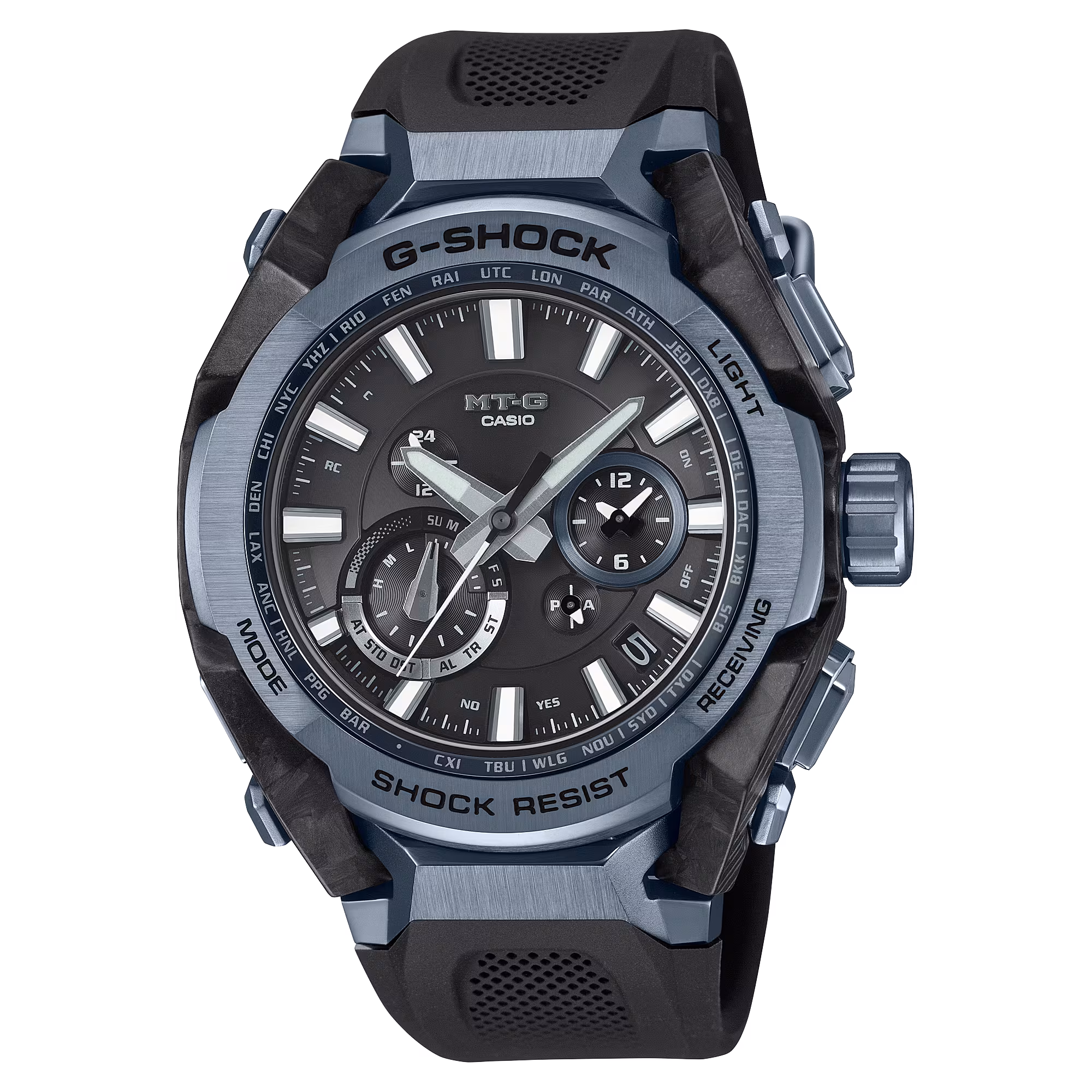Dit Casio horloge behoort tot de G-Shock MTG collectie.
Referentienummer: MTG-B4000B-1A2ER

Ontdek innovatieve vorm en structurele schoonheid — MT-G-horloges die metalen materialen combineren met de hars die in de eerste G-SHOCK-modellen werd gebruikt.

De MTG-B4000 is voorzien van een vernieuwde Dual Core Guard-structuur, ontwikkeld met behulp van kunstmatige intelligentie, en een geheel nieuw frameontwerp dat koolstofvezel en roestvrij staal combineert. Deze ongekende buitenkant creëert een nieuwe harmonie van kracht en schoonheid en verlegt de grenzen van design.

Dit horloge is het resultaat van een naadloze samenwerking tussen AI-capaciteiten en menselijke ontwikkelaars, waarbij materialen, structuur en design op creatieve wijze worden geïntegreerd tot een organisch geheel van functionele schoonheid. Basisontwerpen, gemaakt door menselijke ontwerpers, werden geanalyseerd en gesimuleerd door AI om een ​​geoptimaliseerd 3D-prototype te genereren, dat vervolgens door de menselijke hand verder werd verfijnd tot een unieke vorm die functionaliteit en schoonheid op organische wijze combineert.

De complexe, dimensionale vorm van het frame is gesneden uit een basismateriaal van gelamineerde koolstof- en glasvezelplaten, waardoor een prachtig gelaagd patroon ontstaat. De roestvrijstalen componenten van de lunette zijn gepolijst met aparte haarlijn- en spiegelafwerkingen voor een verfijnde textuur.

Het horloge maakt gebruik van de Triple G Resist-structuur om schokken, centrifugale krachten en trillingen te weerstaan. De kast wordt ook beschermd door de complexe, dimensionale vorm van de achterkant, die is gemaakt met behulp van metaalspuitgieten (MIM), een metaalbewerkingsmethode waarbij fijn metaalpoeder in mallen wordt geïnjecteerd.