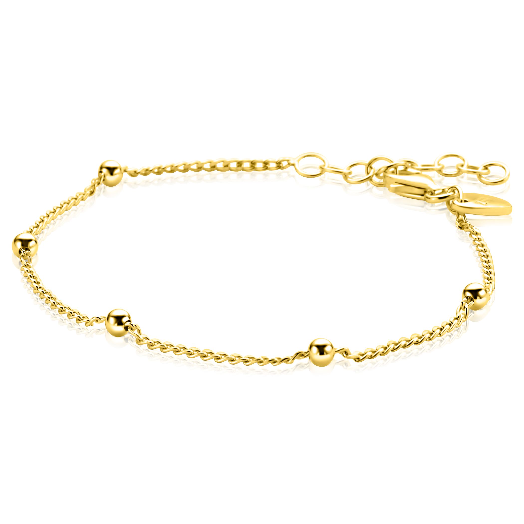ZINZI gold plated zilveren gourmet schakelarmband met vijf glanzende bolletjes. Voorzien van een verlengkettinkje voor optimaal comfort. De armband is vervaardigd van eerste gehalte zilver (925) en extra geel verguld.