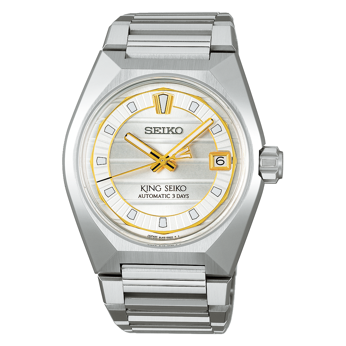 Dit Seiko horloge behoort tot de King Seiko collectie.
Referentienummer: SLA087J1

Meer dan 50 jaar na de lancering van de King Seiko Vanac collectie komt Seiko met een nieuw mechanisch uurwerk, met een krachtig gehoekt design. Deze nieuwe collectie is geïnspireerd door de uitgestrekte stad waar King Seiko werdt geboren.

De kleurrijke wijzerplaat heeft een horizontaal streeppatroon en indexen die tussen twee verdiept liggende cirkellijnen zijn ingebed. De index op 12 uur en het contragewicht op de secondewijzer heeft een ‘V-silhouet’ als subtiele verwijzing naar de eerste letter van de naam van deze King Seiko-serie.
