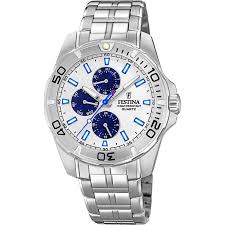 Festina herenuurwerk 
Zilverkleurige band en kast in edelstaal
Witte wijzerplaat met blauwe details, multifunctie