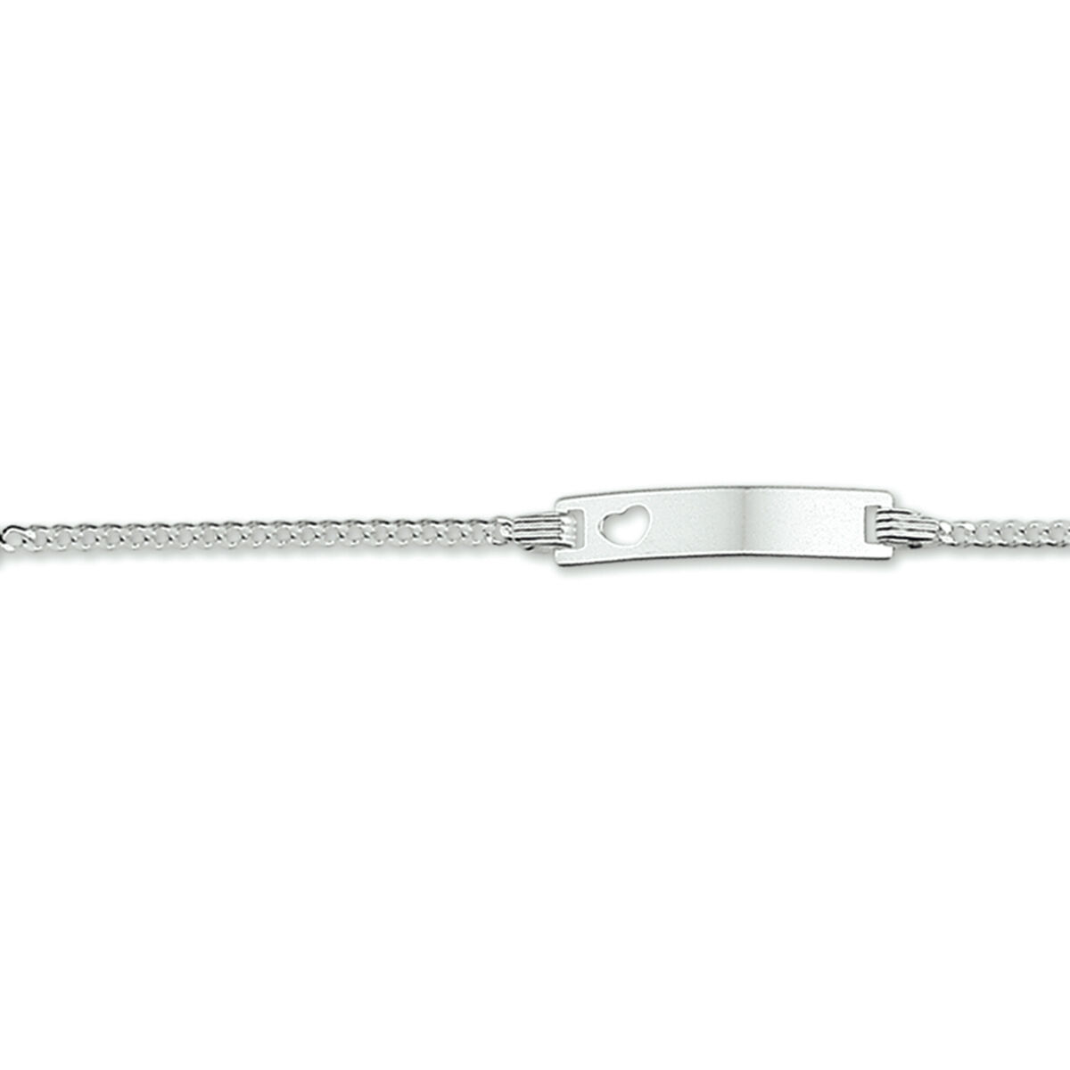 Zilveren graveerarmband met een opengewerkt hartje in het graveerplaatje. De armband heeft een gourmet schakel. De breedte van het graveerplaatje is 4,2 centimeter. De lengte bedraagt 11 centimeter met 2 centimeter extensie. Deze lengte is geschikt voor jongens en meisjes van 1,5 tot 3 jaar (afhankelijk flink of tenger)... Leuk als verjaardagscadeau of een andere gelegenheid. U kunt één naam gratis laten graveren. De gravure kunt u vermelden in het opmerkingenveld tijdens het bestelproces. Gegraveerde artikelen kunnen niet worden geruild.