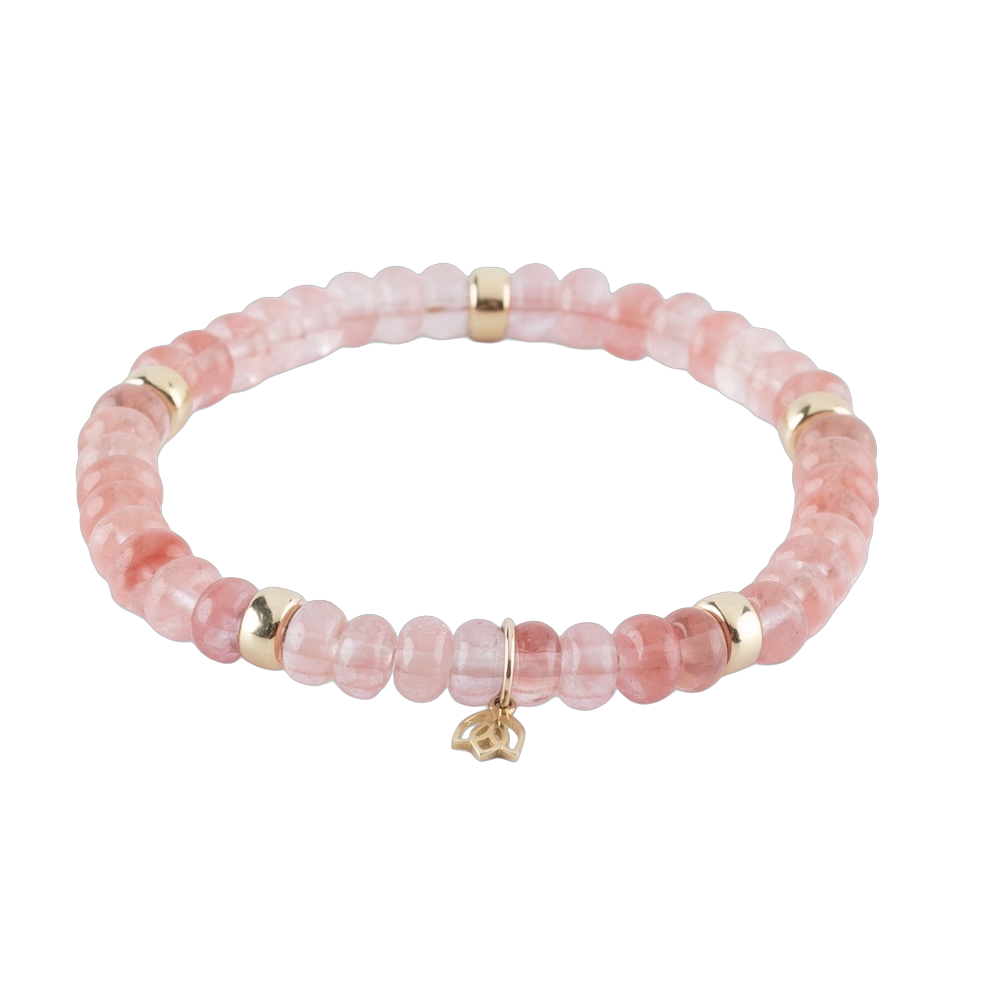 Edelstenen armband (6x4mm kralen) met  Vijf 14kt gouden beads (6mm) & tulp logo rozenkwarts