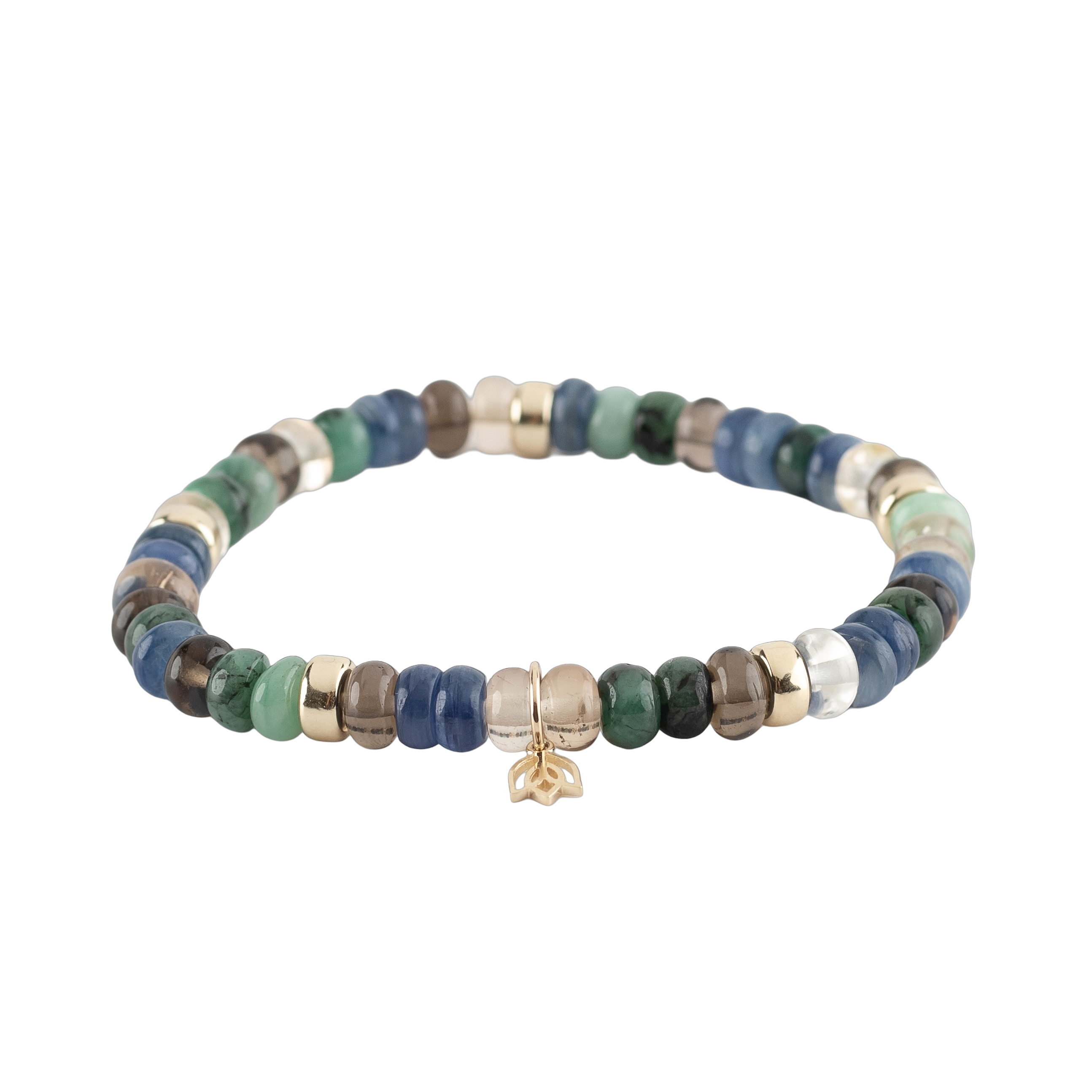 Y&G Edelsteen armband met emarald, imperial topaz, tea kwarts en kyaniet
Edelstenen armband (6x4mm kralen) en Vijf 14 krt gouden beads & tulp logo. 