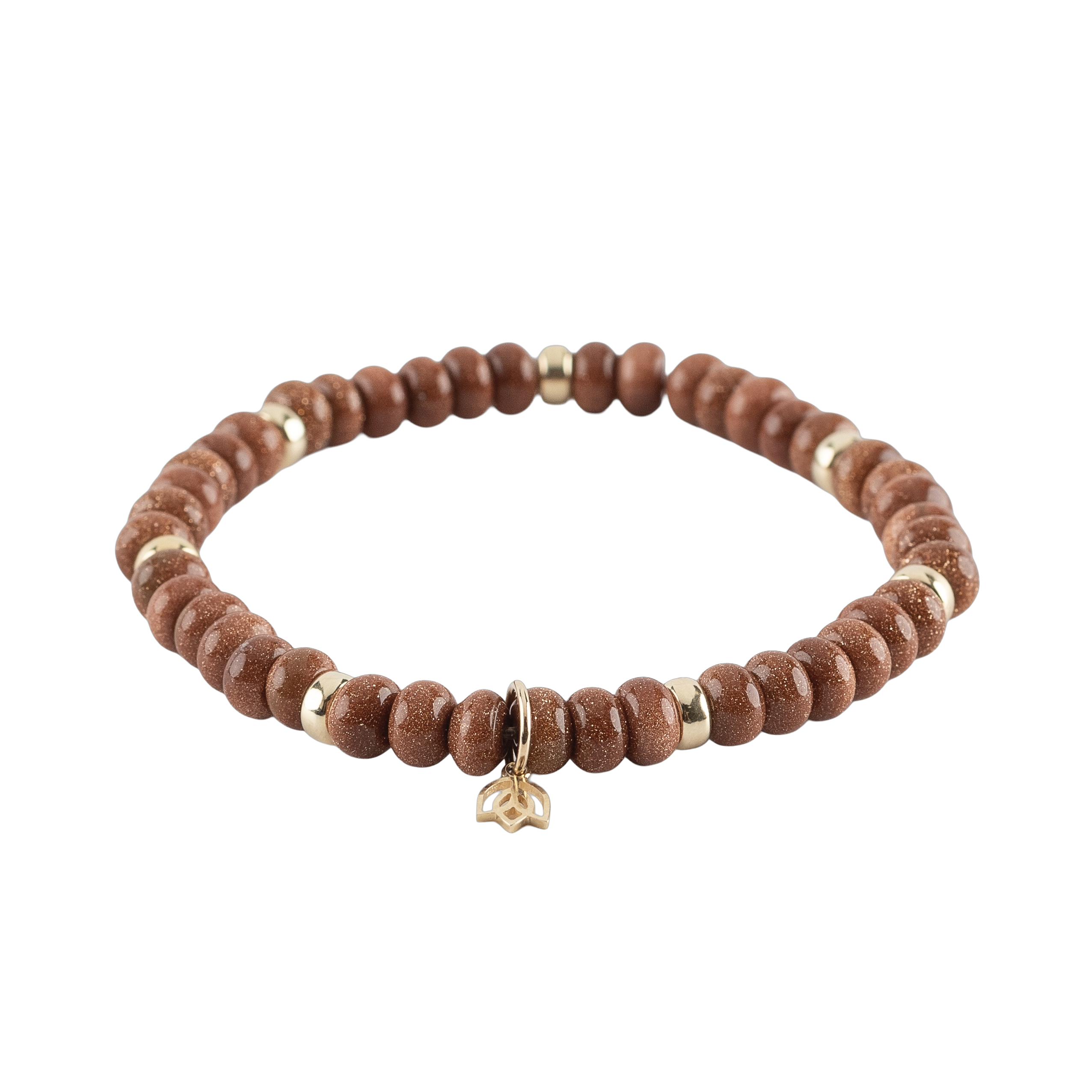 Y&G Edelsteen armband met goldstone.
Edelstenen armband (6x4mm kralen) en Vijf 14 krt gouden beads & tulp logo.