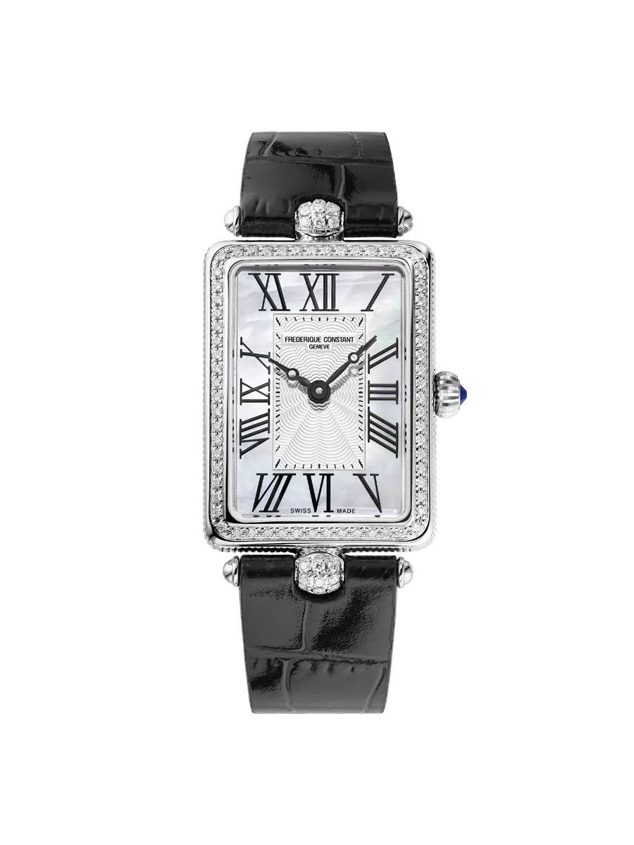 Art Deco Carrée FC-200MPW2ACD6
Het klassieke art déco carrée-model heeft een gepolijste rechthoekige kast en een gecanneleerde band en is geïnspireerd op de verfijnde dames van eind jaren twintig. De parelmoeren wijzerplaat is voorzien van Romeinse cijfers voor een compromisloos elegante touch.