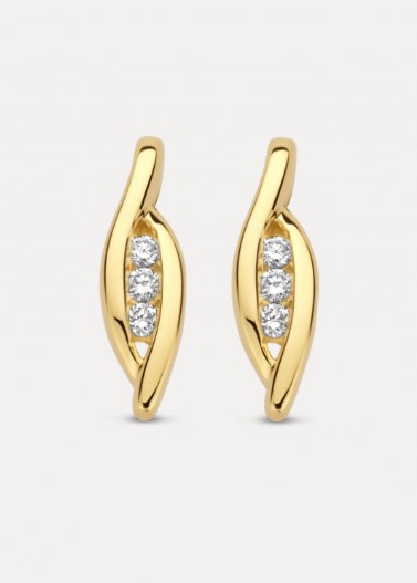 Oorsieraden FINO met zes briljant geslepen diamanten van totaal 0.05 crt. H/Si, is uitgevoerd in 14 karaats geel goud. Elegant en modern door het slag model. Prachtig in combinatie met ring en hanger.