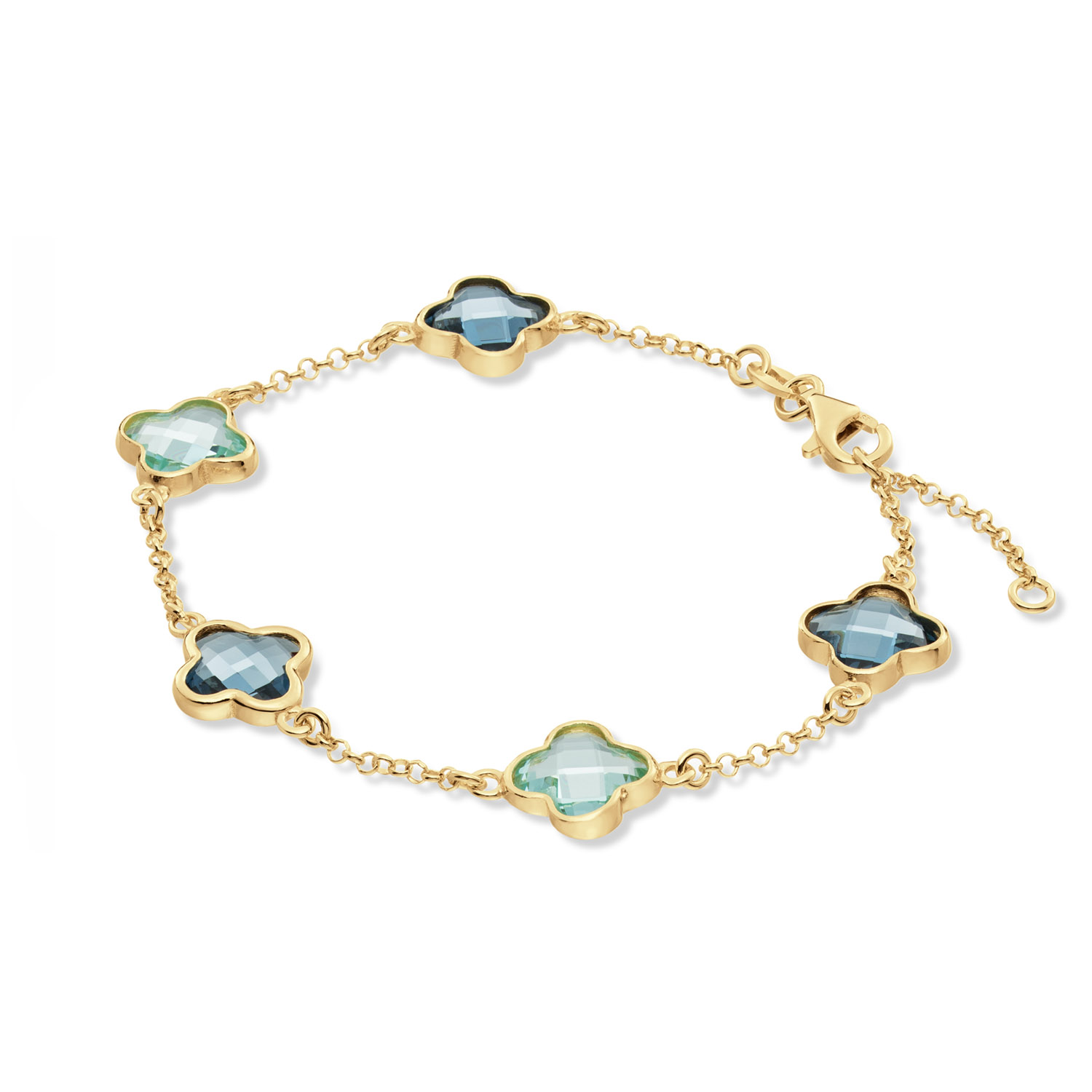 Glow zilver vergulde armband met blauwe kleursteen in de vorm van klavertjes | 19cm | vergulding +- 5 mikron | 104.8627.19