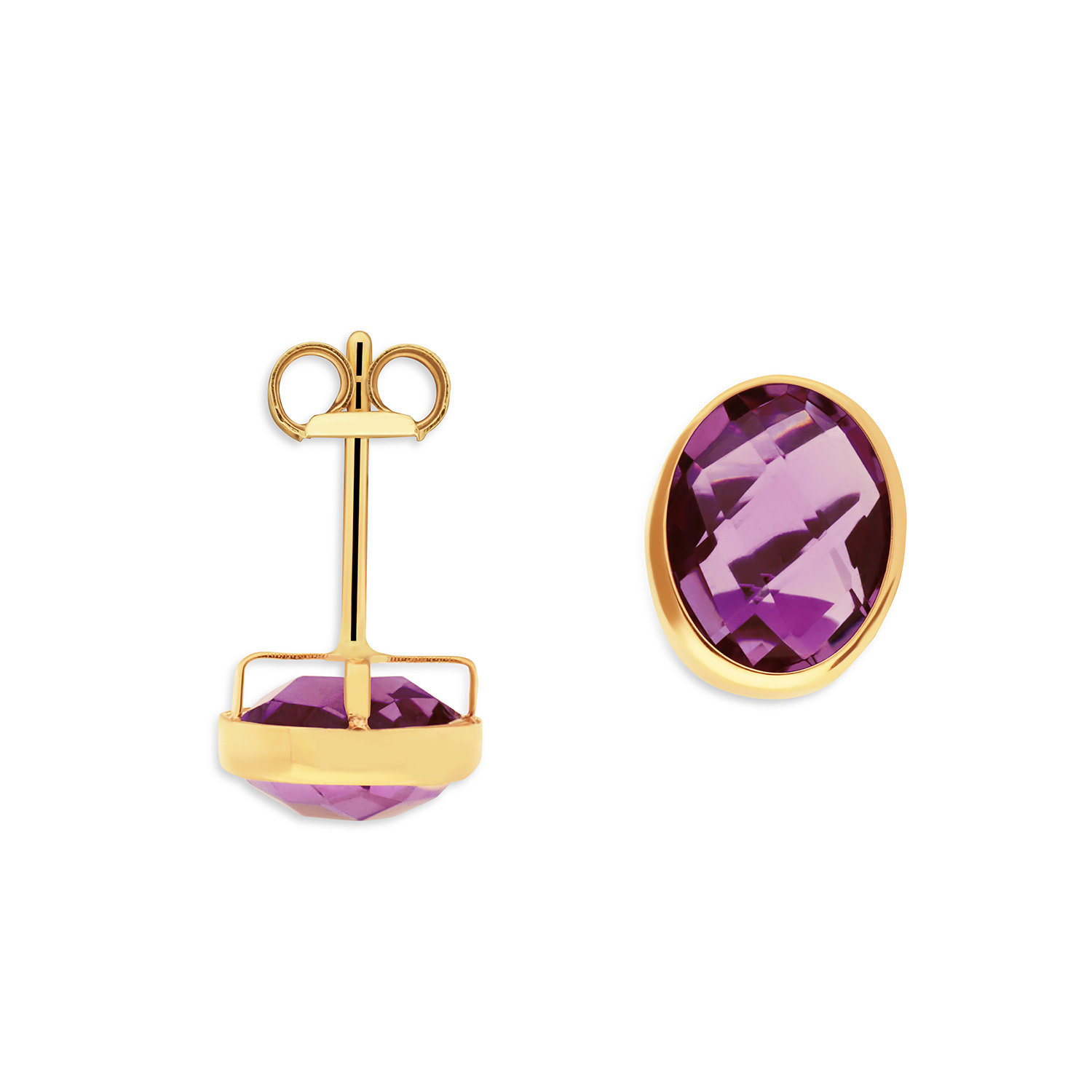 14k geelgouden oorstekers met een ovale gefaceteerde amethyst