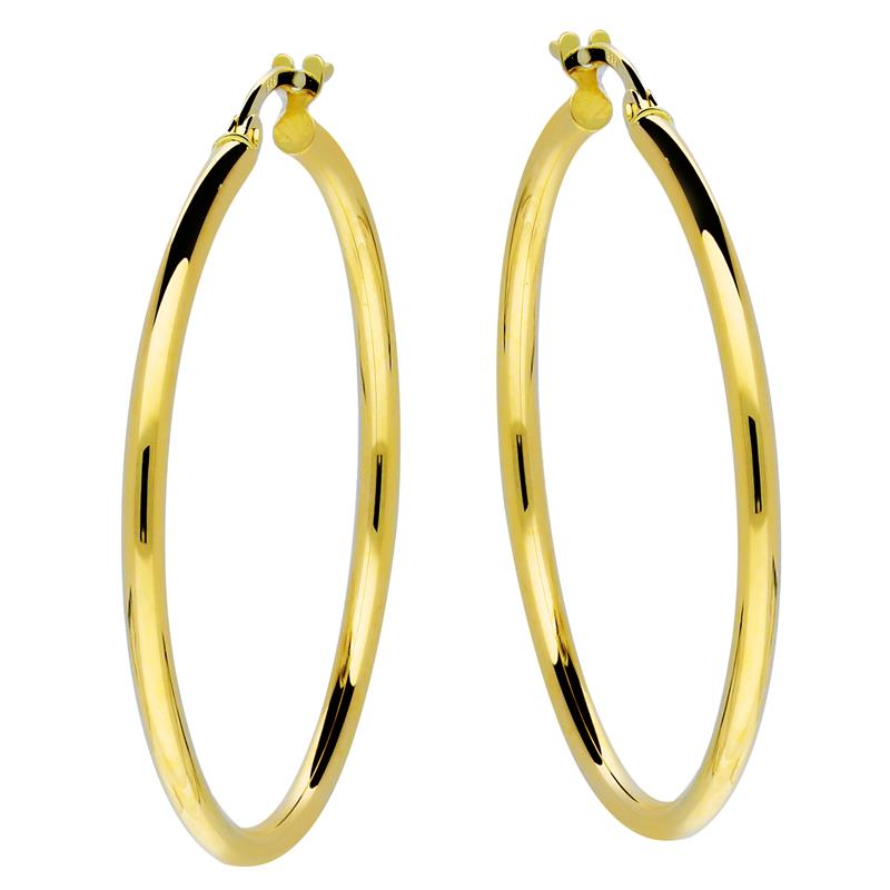 14 Karaats Geelgouden Buis Oorringen met hefboomsluiting en een afmeting van 2.0 mm dikte en een diameter van 34 mm.