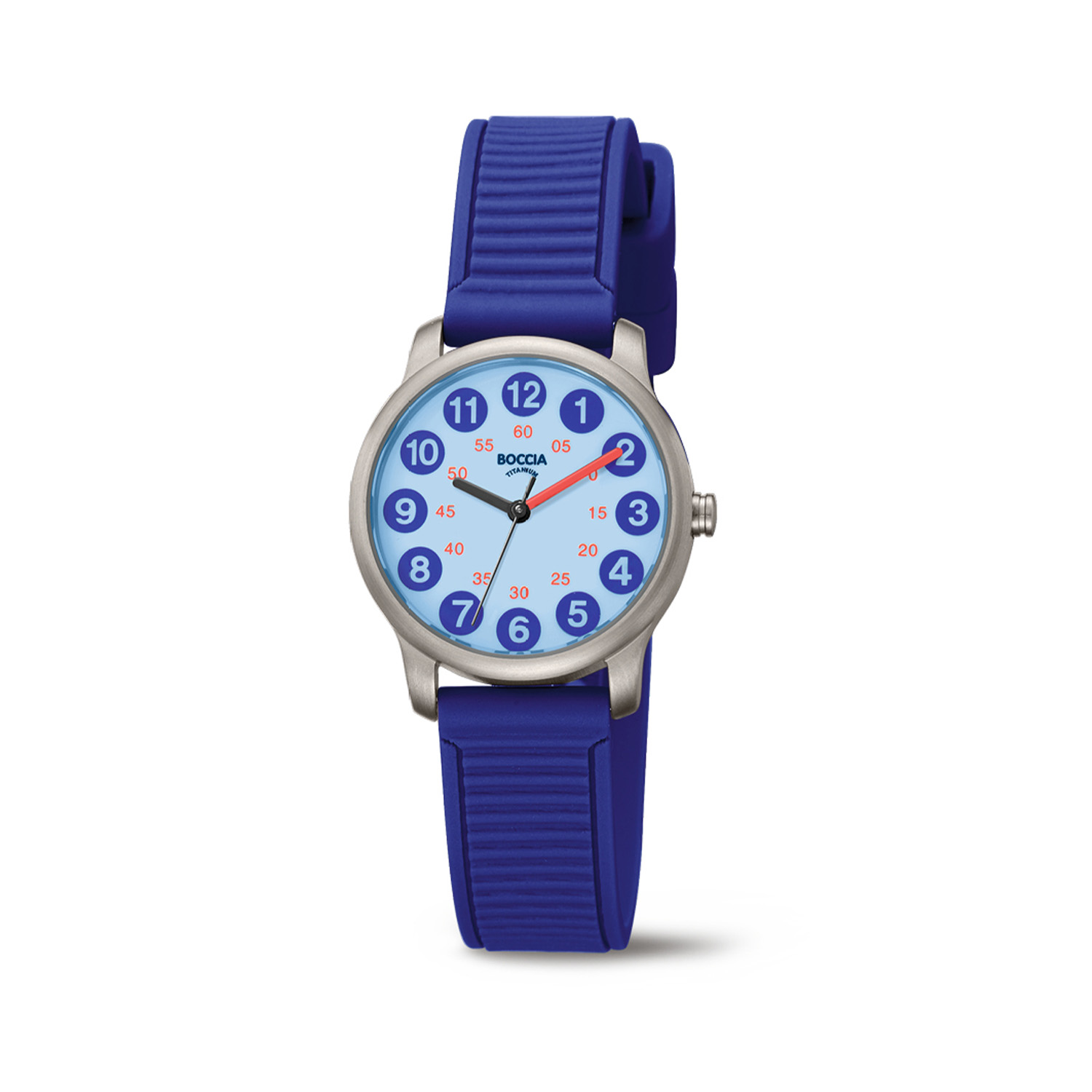 Boccia Titanium 3373-06 Kids Blauw
Dit kinderhorloge van Boccia heeft een speelse uitstraling. De 3373-06 heeft een ronde titanium horlogekast van 28mm met een lichtblauwe wijzerplaat waarop de uren en minuten duidelijk zijn aangegeven met blauwe en rode kleuren. Een perfecte manier om met dit Boccia horloge klok te leren kijken. De blauwe bewerkte siliconenband met een gespsluiting maakt het dragen gemakkelijk. Het horloge heeft een mineraalglas en is 5ATM.

HET MERK
Boccia Titanium is het titanium merk van Nederland, dat zijn oorsprong in Duitsland vindt en is opgericht in het jaar 1992. Ontwikkeld door internationale ontwerpers. Alle titanium componenten van de BOCCIA TITANIUM collectie zijn gemaakt van 99,7% puur titanium; het bijzondere materiaal. Het is licht in gewicht, neemt de temperatuur van de huid aan en is zeer huidvriendelijk. Bovendien is het corrosie- en temperatuurbestendig.

SPECIFICATIES
- Mineraalglas
- Ronde titanium horlogekast, Ø 28mm
- Blauwe siliconenband
- Blauwe wijzerplaat
- 5ATM
