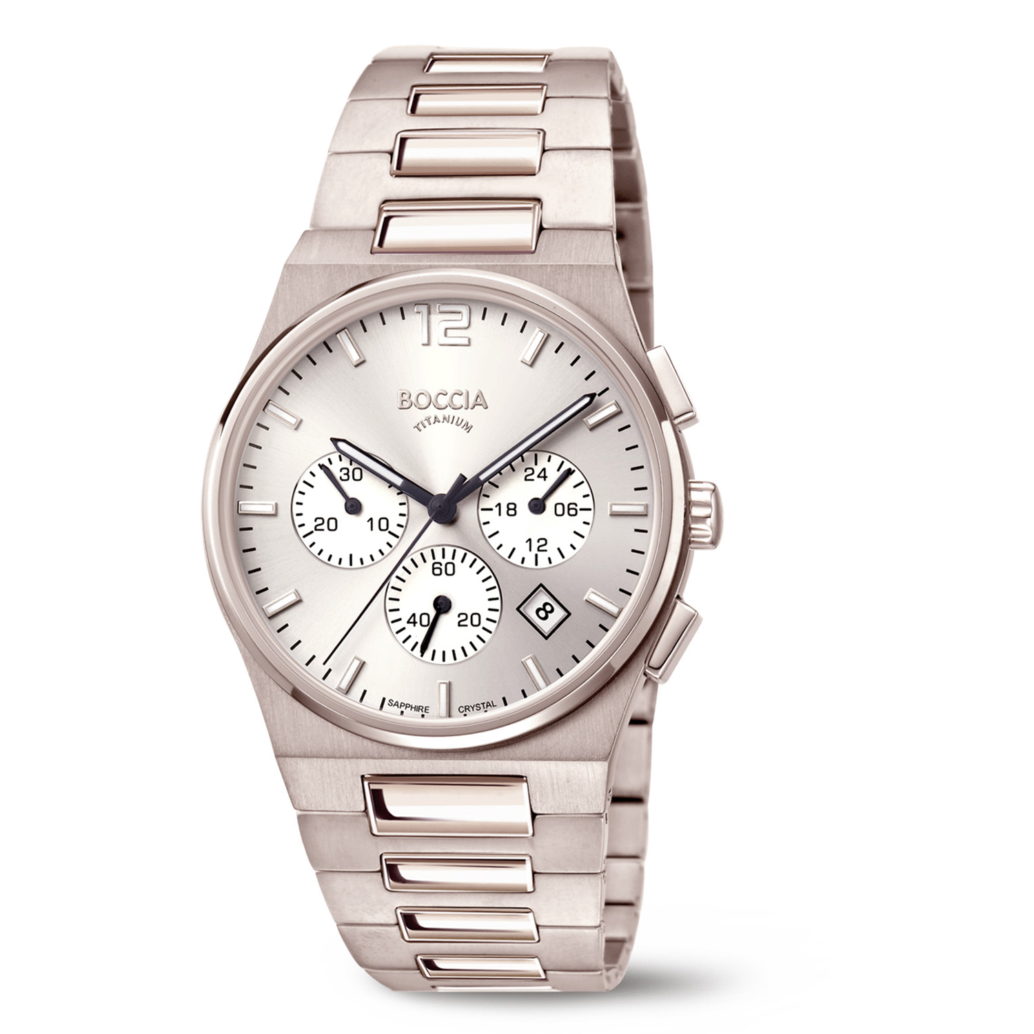 Boccia Titanium 3741-01 Heren
Dit herenhorloge van Boccia heeft een unieke uitstraling en een stoer uiterlijk. De 3741-01 heeft een ronde titanium horlogekast met een diameter van 39mm en een zilverkleurige wijzerplaat met een datum en een chronograaf. Aan de titanium kast zit een zilverkleurige mat en glanzende titanium schakelband met een vouwsluiting. Het horloge heeft een saffierglas en is 5ATM. Of je nu sportief of chique gekleed gaat, dit horloge past bij elke outfit en iedere gelegenheid!

HET MERK
Boccia Titanium is het titanium merk van Nederland, dat zijn oorsprong in Duitsland vindt en is opgericht in het jaar 1992. Ontwikkeld door internationale ontwerpers. Alle titanium componenten van de BOCCIA TITANIUM collectie zijn gemaakt van 99,7% puur titanium; het bijzondere materiaal. Het is licht in gewicht, neemt de temperatuur van de huid aan en is zeer huidvriendelijk. Bovendien is het corrosie- en temperatuurbestendig.

SPECIFICATIES
- Saffierglas
- Ronde titanium horlogekast, Ø 39mm
- Zilverkleurige schakelband
- Zilverkleurige wijzerplaat 
- Chronograaf
- Datum
- 5ATM