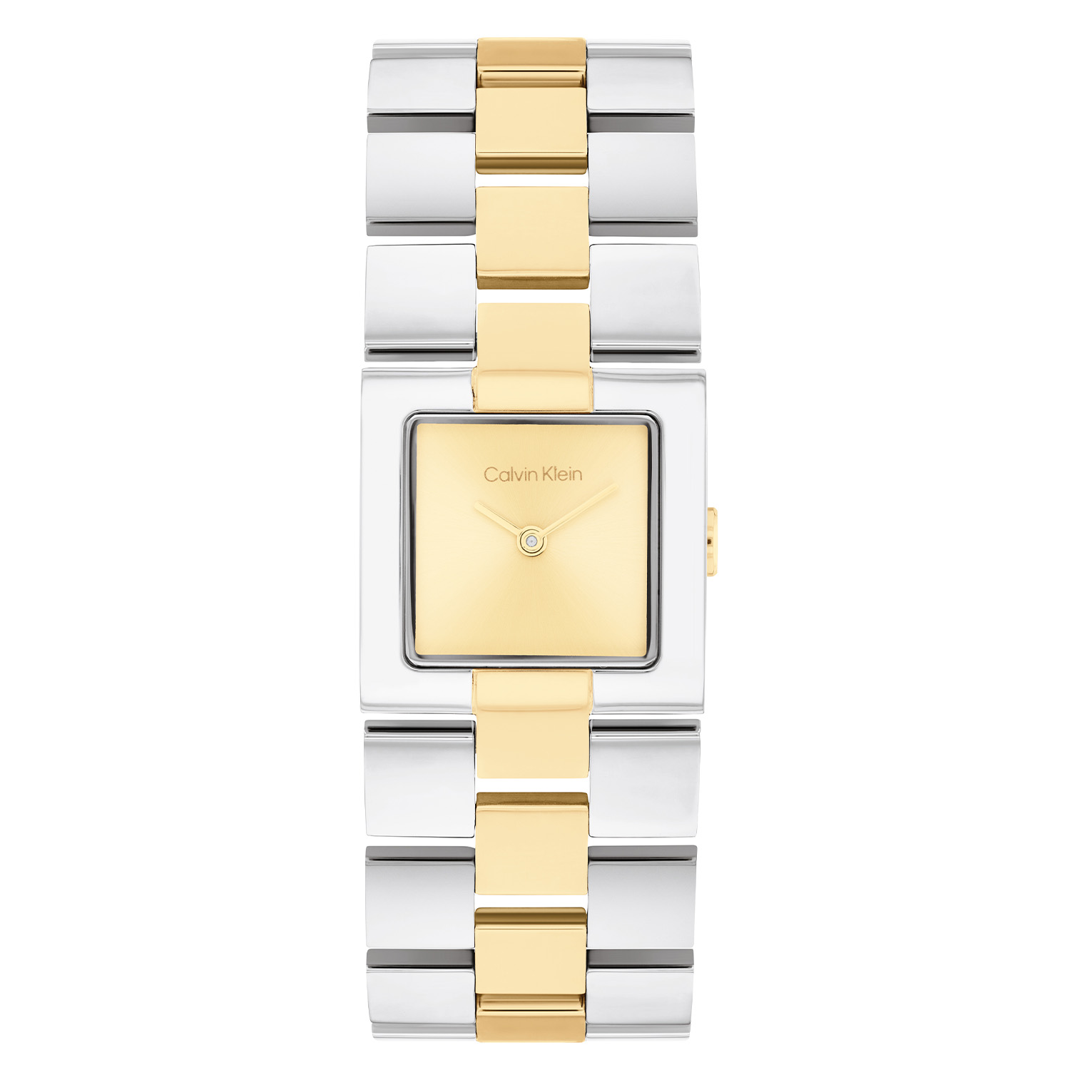 Calvin Klein CK25100115 Dames Meridian Horloge 22mm 
Dit Calvin Klein dameshorloge met nr CK25100115 is een opvallend ontwerp. De strakke vierkante stalen kast heeft een goudkleurige sunray wijzerplaat met fijne goudkleurige wijzers en het logo. Strak aan het kastje zit een brede vierkante bicolor schakelband met een druksluiting. Het elegante dameshorloge heeft een mineraalglas, een afmeting van 22mm en is 3ATM.

OVER CALVIN KLEIN
Calvin Klein is een wereldwijd lifestylemerk dat gewaagde, vooruitstrevende idealen en een verleidelijke, vaak minimalistische, esthetiek nastreeft. Calvin Klein werd groot in de jaren 70 door haar mode- en merkjeans collecties. In de jaren 80 lanceerde Calvin Klein haar spraakmakende ondergoed dat uitdrukkelijk van logo ’s voorzien was. Vanwege het grote succes is het merk ook succesvol uitgerold in Accessoires, Parfums, Home, Brillen, Golf, Horloges en Sieraden.
Sinds de oprichting in 1968 door Calvin Klein, heeft het merk haar reputatie opgebouwd als leider in de Amerikaanse mode, dankzij een cleane esthetiek en innovatieve ontwerpen. Calvin Klein wil haar publiek verleiden en inspireren door middel van provocerende beelden en opvallende ontwerpen die prikkelen. 

SPECIFICATIES:
- Mineraalglas
- Stalen kast
- Goudkleurige wijzerplaat 
- Stalen bicolor schakelband
- Vierkante kastvorm, 22mm
- 3ATM