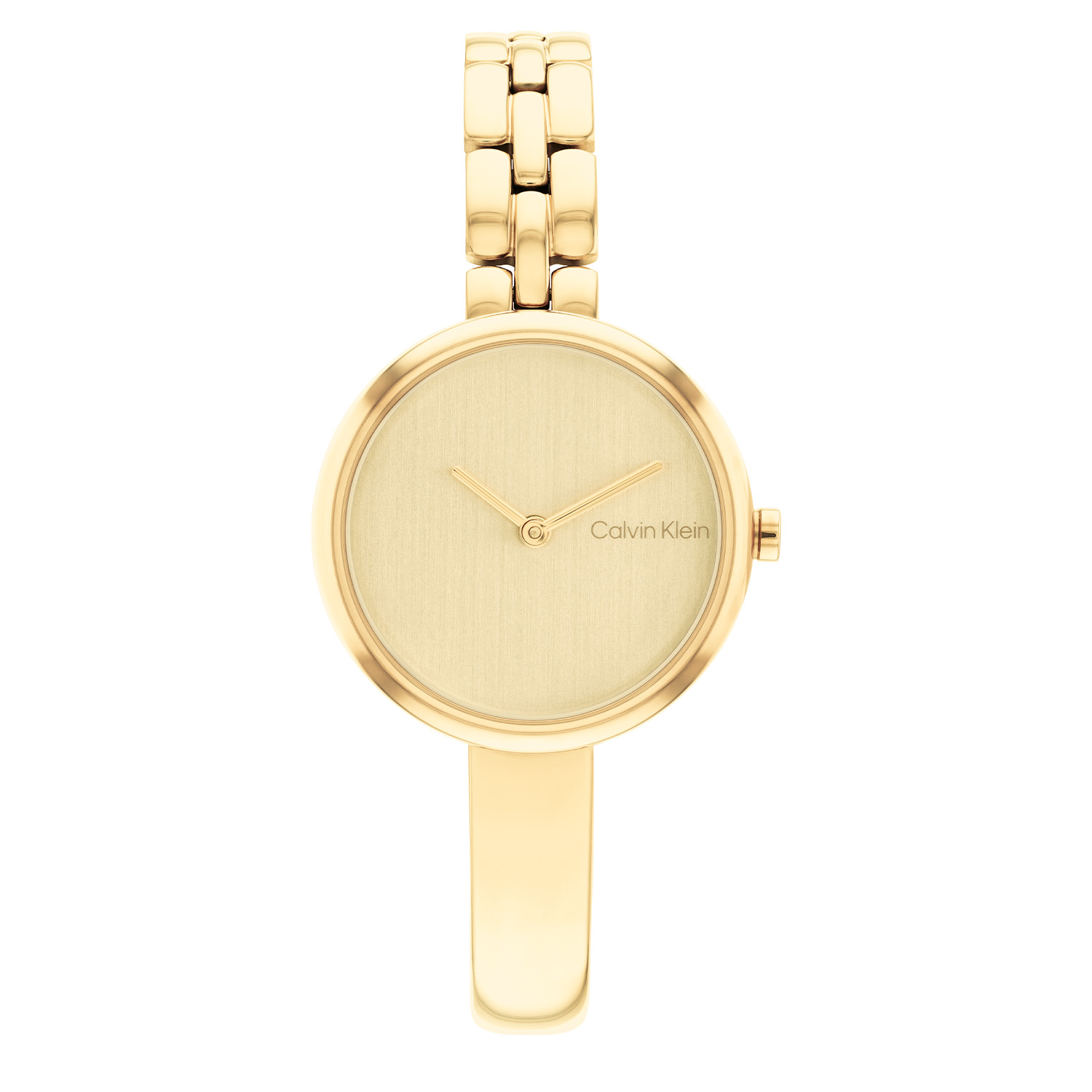 Calvin Klein CK25200279 Dames Staal Horloge 28mm 
Dit Calvin Klein dameshorloge met nr CK25200279 is een chique ontwerp. De ronde goudkleurige stalen kast heeft een gladde goudkleurige bezel. Op de champagne brushed wijzerplaat is de merknaam gedrukt en de tijd wordt aangegeven met hele fijne wijzers. Aan de stalen kast zit een goudkleurige half bangle, half schakelband. Het sierlijke horloge heeft een mineraalglas, een doorsnee van 28mm en is 3 ATM.

