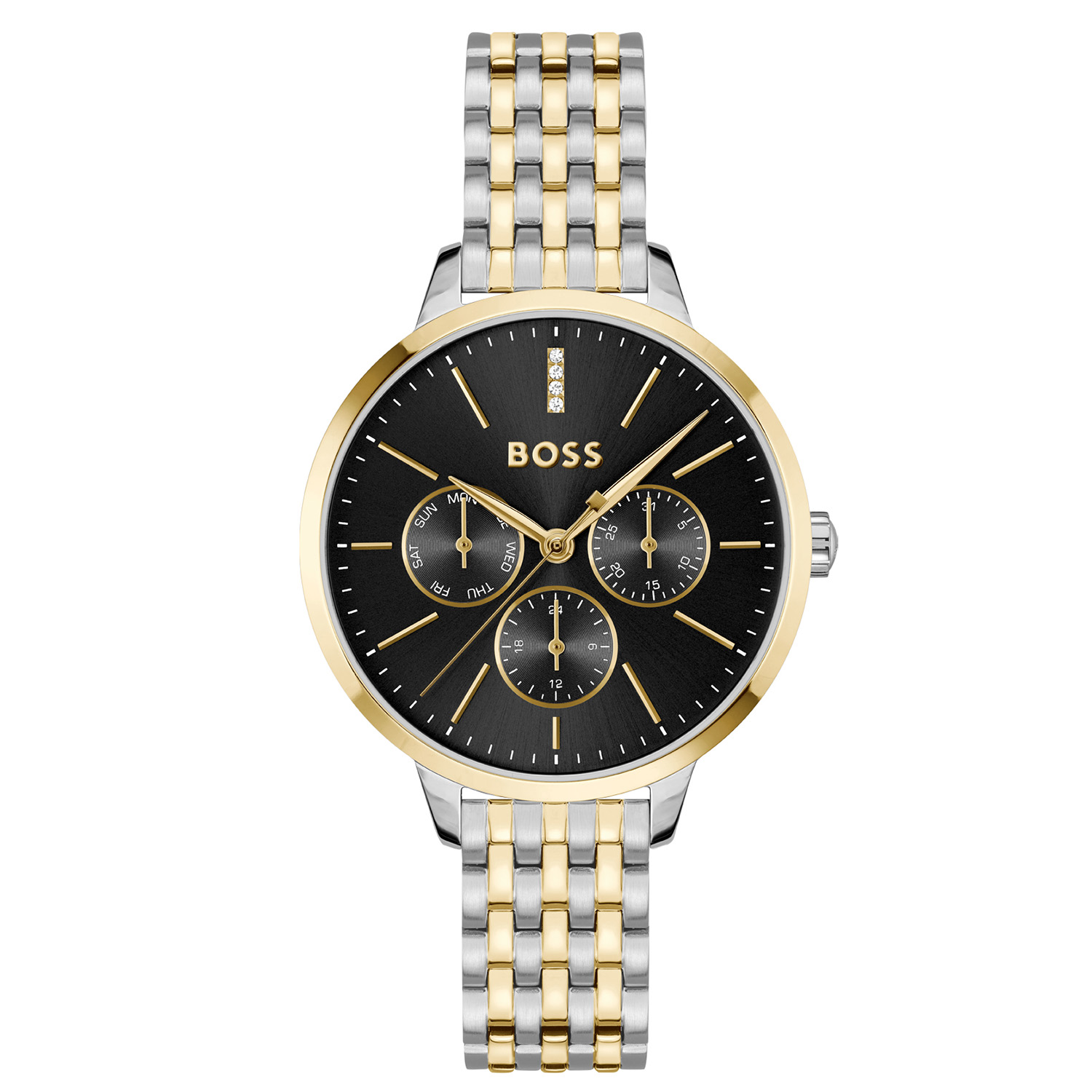 BOSS HB1502783 SYMPHONY Dameshorloge 38mm 
Dit BOSS horloge uit de SYMPHONY serie met artikelnr: HB1502783 heeft een elegante uitstraling. Zeer geschikt voor de moderne stijlvolle vrouw van nu. Het dameshorloge valt op door zijn stalen horlogekast met een gladde goudkleurige bezel en een zwarte sunray wijzerplaat met een dag, datum en 24-uursaanduiding. Opvallend zijn de fijne wijzers, 4 kristallen op de 12 en het strakke BOSS logo. Aan de kast zit een mat glanzende zeer fijne bicolor stalen schakelband zit met een vouwsluiting. Het horloge heeft een doorsnee van 38mm met een mineraalglas en is 3ATM. 

HET MERK:
HUGO BOSS is afgestemd op levensstijlen waar het gaat om kwaliteit en precisie. Het wereldwijde fashionlabel is verdeeld in twee merken: BOSS en HUGO. Het merk BOSS biedt geavanceerde, moderne horloges gericht op kwaliteit en design om een onberispelijke look te creëren – of het nu zakelijk, casual of sportief is. De horloge collectie van BOSS is perfect afgestemd op levensstijlen waar het gaat om kwaliteit en precisie. BOSS is op maat gemaakt in een onberispelijke stijl.

Blijf stijlvol bij de tijd. Voor de BOSS-vrouw is stijl het handelsmerk en draait alles om
details. Breng uw look naar een hoger niveau met onze nieuwe en kenmerkende horlogecollectie.

SPECIFICATIES:
- Mineraalglas
- Ronde kastvorm, Ø 38mm
- Stalen horlogekast
- Zwarte wijzerplaat met kristal
- Stalen schakelband
- 3ATM