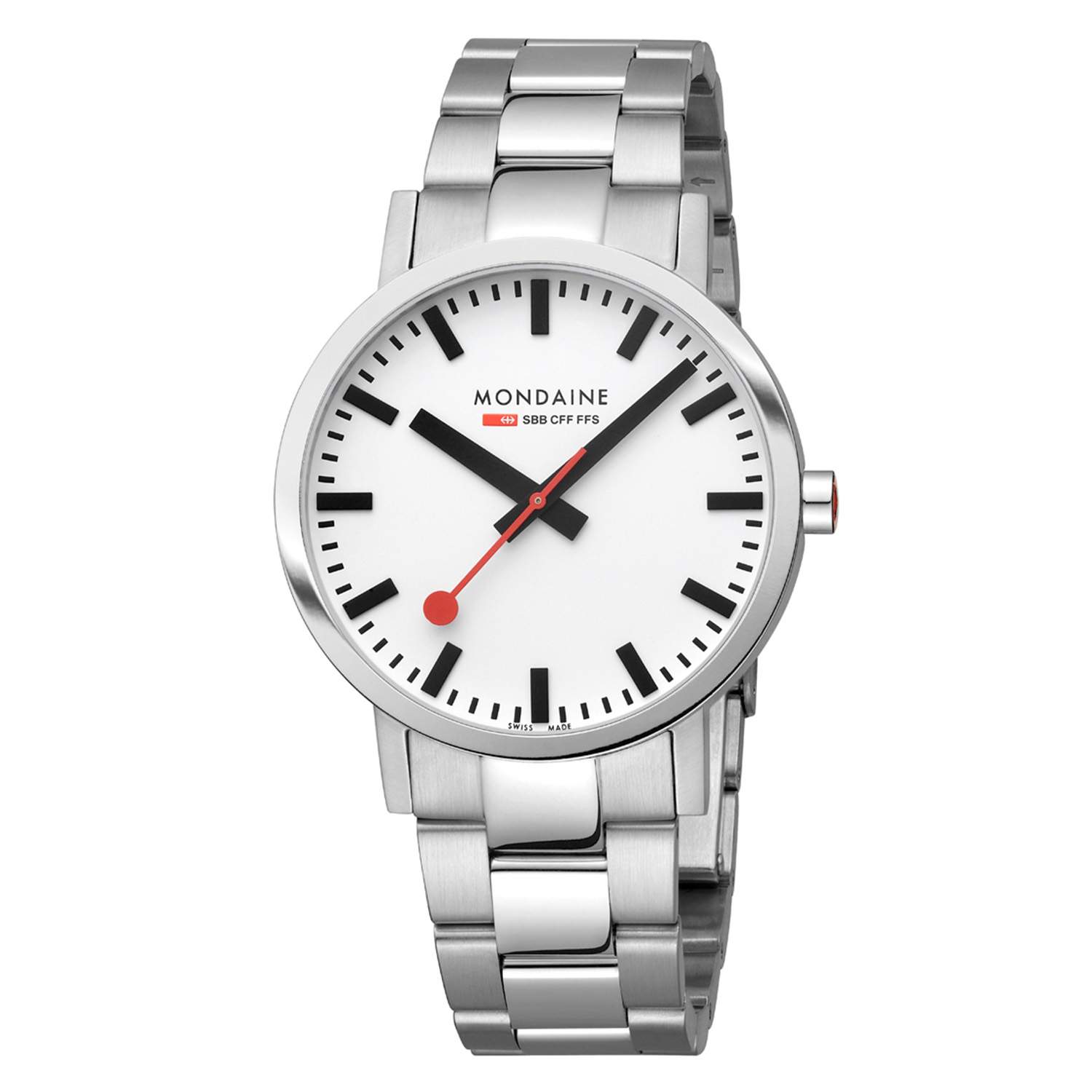Mondaine M660.30360.11SBJ Classic Staal 40mm
Dit design horloge uit de Mondaine Classic serie heeft een geborsteld horlogekastje van 40mm met een witte wijzerplaat met een duidelijke zwarte uursaanduiding. Aan het ronde horlogekastje zit een mat glanzende stalen schakelband met een vouwsluiting. Het horloge heeft vlak krasvast saffierglas en is 5ATM. Het Swiss Railway horloge heeft een zwitsers precisie quarts uurwerk. Opvallend is de rode secondewijzer. Maak een statement met dit verfijnde en klassieke uurwerk!

HET MERK
The Official Swiss Railway Watch. Gebaseerd op de officiële stationsklok van de Zwitserse spoorwegen, is 30 jaar geleden de horlogelijn onder het merk Mondaine opgezet. Zwitserse kwaliteitsuurwerken, net zo punctueel als de Zwitserse treinen. Een echte design klassieker met een unieke wijzerplaat, en de wereldberoemde rode secondewijzer met bolletje. Herkenbaar uit duizenden. De Stop2Go is het paradepaardje van Mondaine. De Zwitserse spoorwegen (SBB) staan bekend om hun punctualiteit en dit is te danken aan het principe van het uurwerk: door 58 seconden iets te snel te lopen en 2 seconden stil te staan op de 12, kan iedere Zwitserse trein exact op het hele uur vertrekken. Terwijl de secondewijzer stilstaat, springt de minutenwijzer een streepje verder. De dubbele aandrijving die dit principe mogelijk maakt, vergt meer energie dan andere uurwerken. Daarom is de Stop2Go, die net zo werkt als de stationsklok, uitgerust met een extra sterke batterij die twee jaar mee gaat.

SPECIFICATIES  
- Classic serie
- Vlak ontspiegeld krasvast saffierglas
- Strakke ronde kastvorm, Ø 40mm
- RVS horlogekast 
- Witte wijzerplaat van de originele stationsklok
- Stalen schakelband
- 5ATM