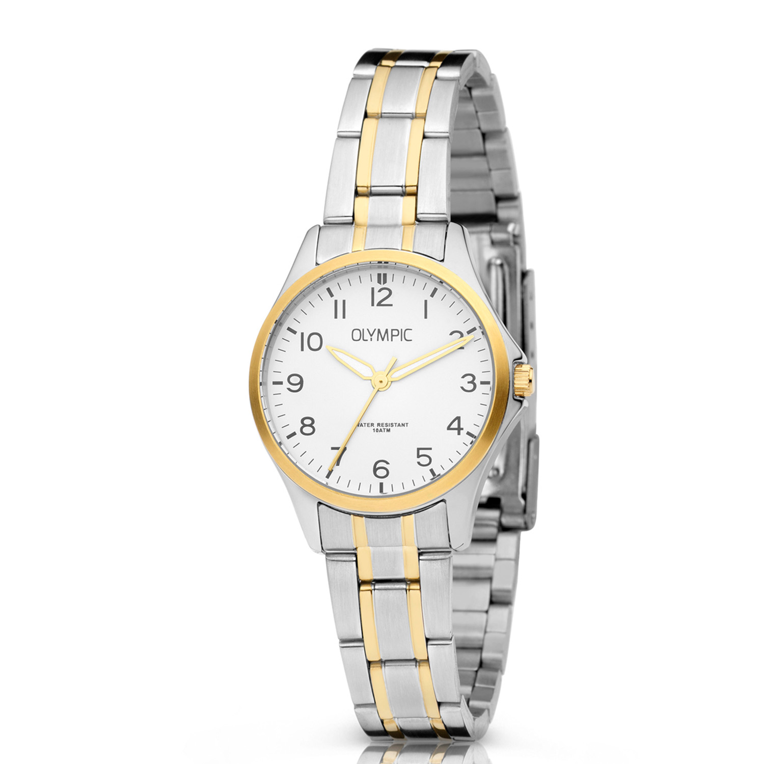 Olympic OL72DSS089B ROBIN - Horloge - Staal - Bi-color - 29mm
Dit unieke Olympic horloge met artikelnummer: OL72DSS089B is een sportief/klassiek dameshorloge. De zilverkleurige stalen kast heeft een goudkleurige bezel. Op de witte wijzerplaat is de uurs-aanduiding opvallend door de Arabische cijfers. Aan het horloge zit een bi-color stalen schakelband met vouwsluiting. Het horloge heeft een mineraalglas, een afmeting van 29mm en is 10 ATM.

Waterdichtheid 10 ATM
Dit horloge is bestand tegen water bij het zwemmen en douchen. Dit horloge is niet bestand tegen (grote) waterdruk dus je kunt er niet mee duiken.

Het merk:
Het Nederlandse horlogemerk Olympic levert stoere chronografen, slimline series, digitale uurwerken en elegante dameshorloges. De prijs-kwaliteitverhouding staat bij Olympic hoog in het vaandel met prijzen die uiteenlopen van &euro; 34,95 tot en met &euro; 139,00.

100% Nederlands ontwerp, waterdicht en standaard 3 jaar fabrieksgarantie.

Specificaties:
- Zilverkleurige horlogekast
- Witte wijzerplaat
- Bi-color schakelband
- 10 ATM (Regen- & spatwaterdicht)
- Standaard 3 jaar fabrieksgarantie
- Mineraalglas