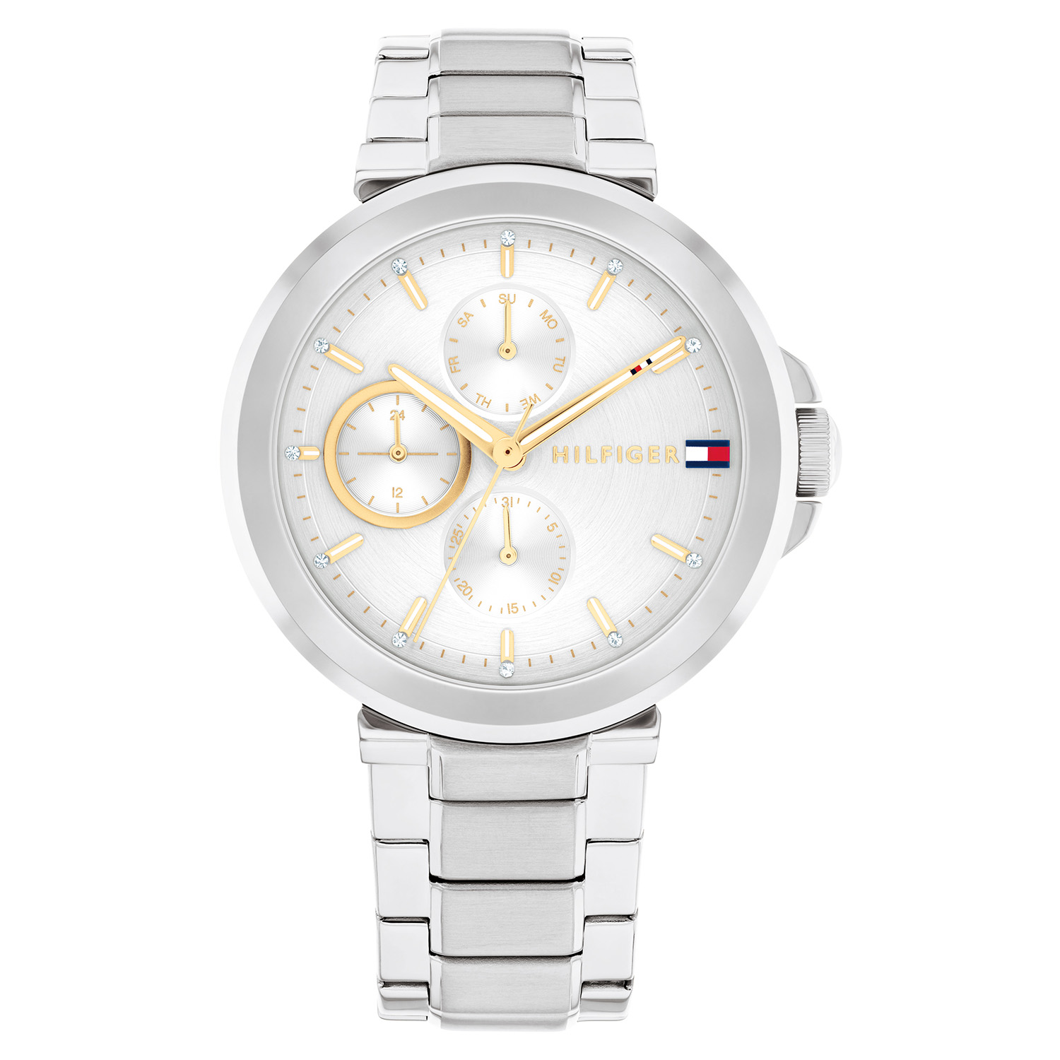 Tommy Hilfiger TH1782753 Horloge Dames Staal Zilverkleurig 38mm
Dit specifieke horloge van Tommy Hilfiger uit de Lori serie met artikelnr: TH1782753 is een casual horloge die zeker in je collectie past. Het stalen dameshorloge heeft een ronde zilverkleurige kast met een gladde bezel. Het horloge heeft een zilverwitte sunray wijzerplaat  met kristallen op de markers. Verder is het horloge multifunctioneel, heeft het dag,-datum en 24-uursaanduiding. Het horloge heeft een zilverkleurige verstelbare schakelband, een mineraalglas, een doorsnee van 38mm en is 5ATM.  

Het merk:
Sinds de lancering van het merk in 1985 is Tommy Hilfiger wereldwijd bekend geworden als pionier van de klassieke Amerikaanse coole stijl. Geïnspireerd door de iconische popcultuur en het Amerikaanse erfgoed. De dames en herencollectie van dit seizoen bestaan uit minimalistische silhouetten en rustieke lederen details. De herenhorlogecollectie biedt iconische uurwerken met roestvrijstalen, lederen en siliconen banden.

Specificaties:
- Mineraalglas
- Ronde kast 38mm
- Zilverkleurige horlogekast
- Zilverwitte wijzerplaat
- Zilverkleurige schakelband
- Multifunctioneel
- 5ATM