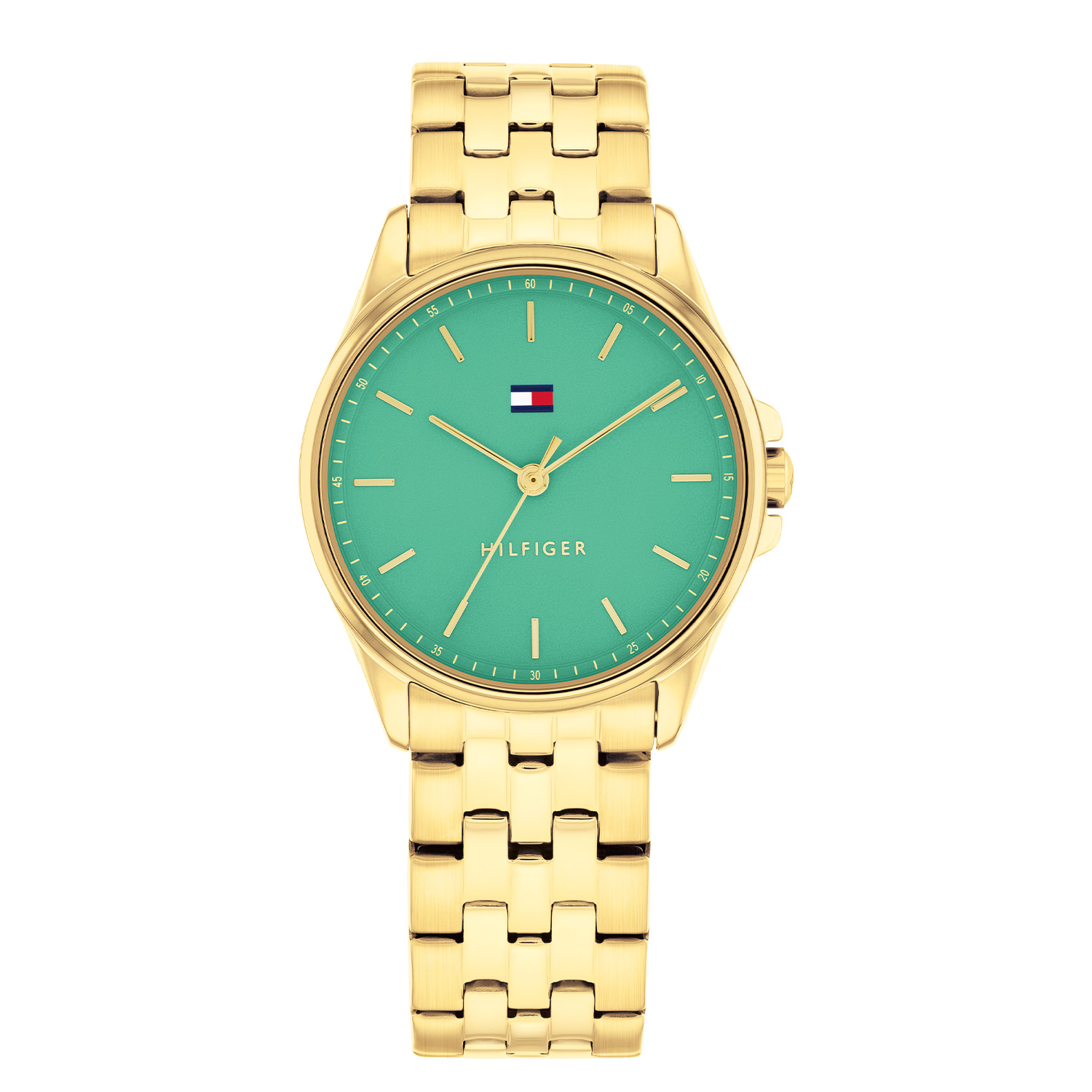 Tommy Hilfiger TH1782774 Horloge Dames Staal Goudkleurig 30mm
Dit specifieke horloge van Tommy Hilfiger uit de Jade serie met artikelnr: TH1782774 is een luxe dameshorloge die niet in je collectie mag ontbreken. Het stalen dameshorloge heeft een ronde goudkleurige kast met een gladde bezel en een groene emaille wijzerplaat met fijne wijzers en het Tommy logo. Aan de kast zit een goudkleurige glanzende schakelband met vouwsluiting. Het horloge heeft een mineraalglas, een afmeting van 30mm en is 3ATM.  

Het merk:
Sinds de lancering van het merk in 1985 is Tommy Hilfiger wereldwijd bekend geworden als pionier van de klassieke Amerikaanse coole stijl. Geïnspireerd door de iconische popcultuur en het Amerikaanse erfgoed. De dames en herencollectie van dit seizoen bestaan uit minimalistische silhouetten en rustieke lederen details. De herenhorlogecollectie biedt iconische uurwerken met roestvrijstalen, lederen en siliconen banden.

Specificaties:
- Mineraalglas
- Ronde kast 30mm
- Goudkleurige horlogekast
- Groene emaille wijzerplaat
- Goudkleurige schakelband 
- 3ATM
