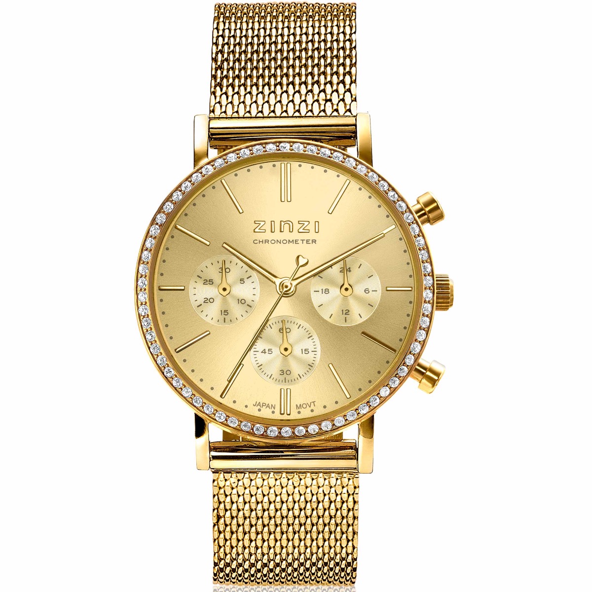 ZINZI horloge CHRONOGRAPH 36mm stopwatch geelgoudkleurige wijzerplaat, geelgoudkleurige stalen kast met crystals, geelgoudkleurige stalen mesh band 18mm ZIW1610
