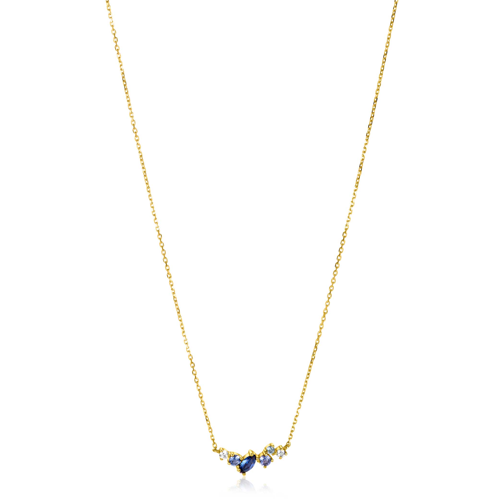 ZINZI Gold 14 karaat gouden ketting 45cm, in het midden bezet met witte, lichtblauwe en donkerblauwe zirconia's. Het fantasie middenstuk valt sierlijk op de hals. Vervaardigd van geheel 14 karaat goud (585). En herkenbaar 'Zinzi' door het kleine gouden Zinzi hartje bij de sluiting.