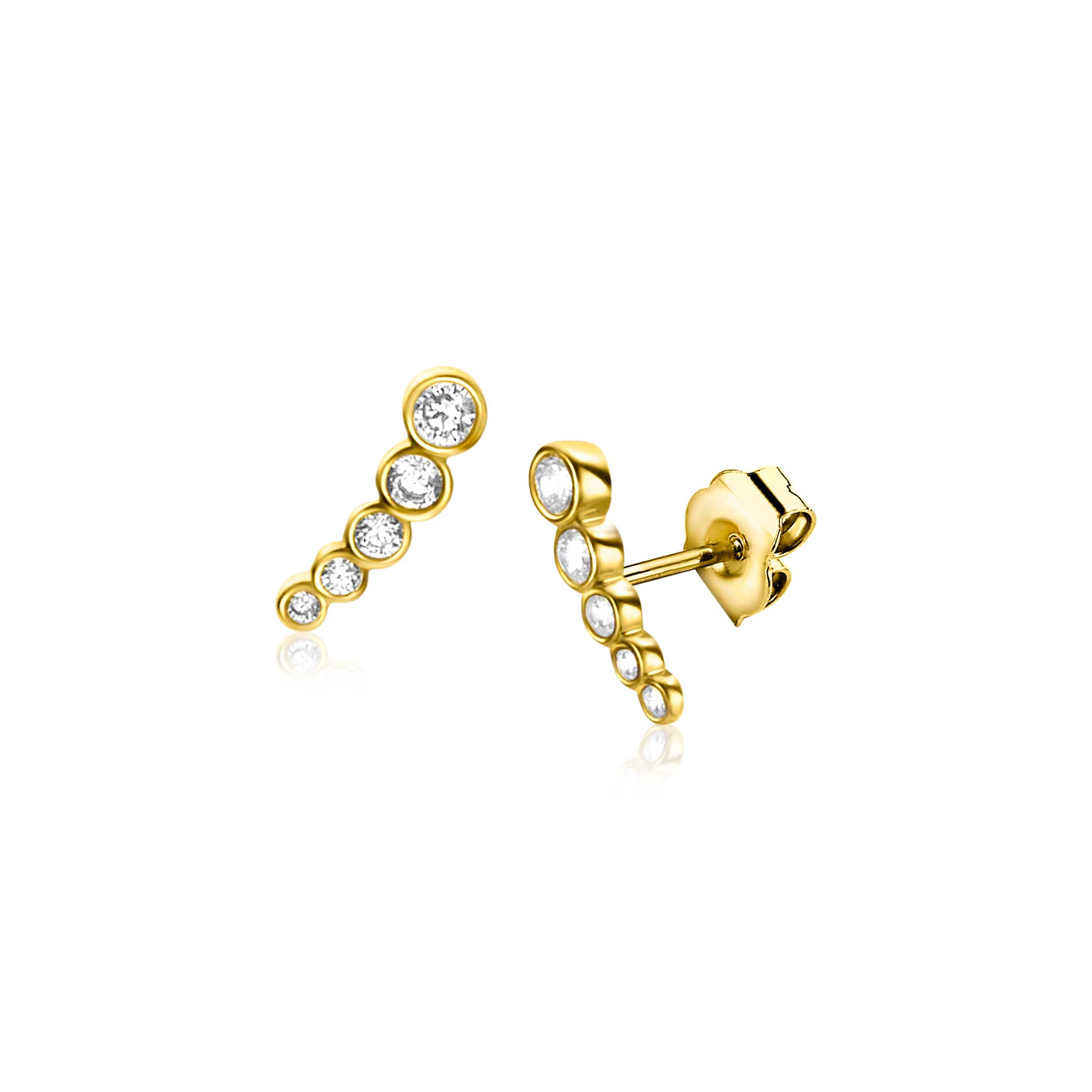ZINZI Gold 14 karaat gouden oorknoppen 10mm bezet met vijf witte zirconia's, in oplopende grootten. Vervaardigd van geheel 14 karaat goud (585).