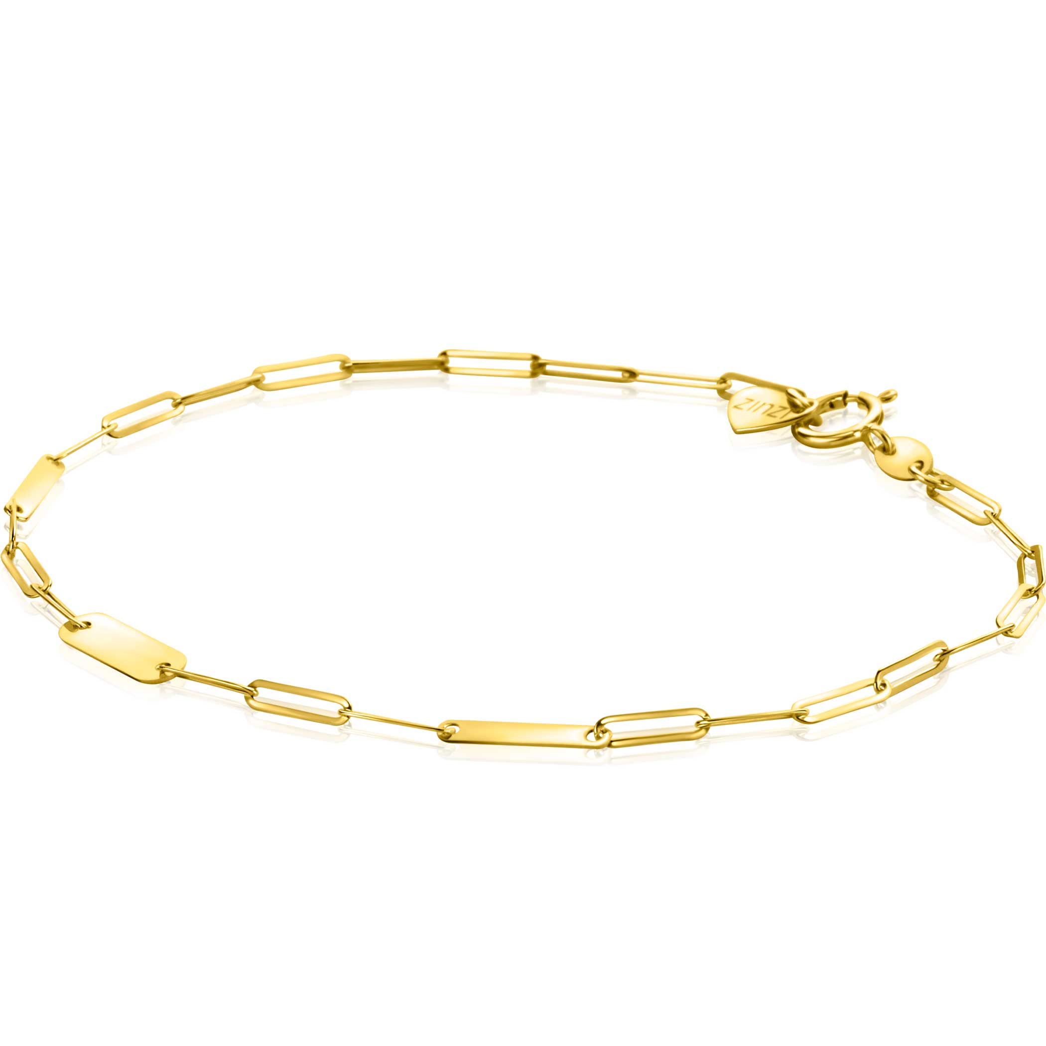 ZINZI Gold 14 krt gouden schakelarmband met paperclip schakels (1,8mm breed) en drie gladde plaatjes 19cm ZGA443