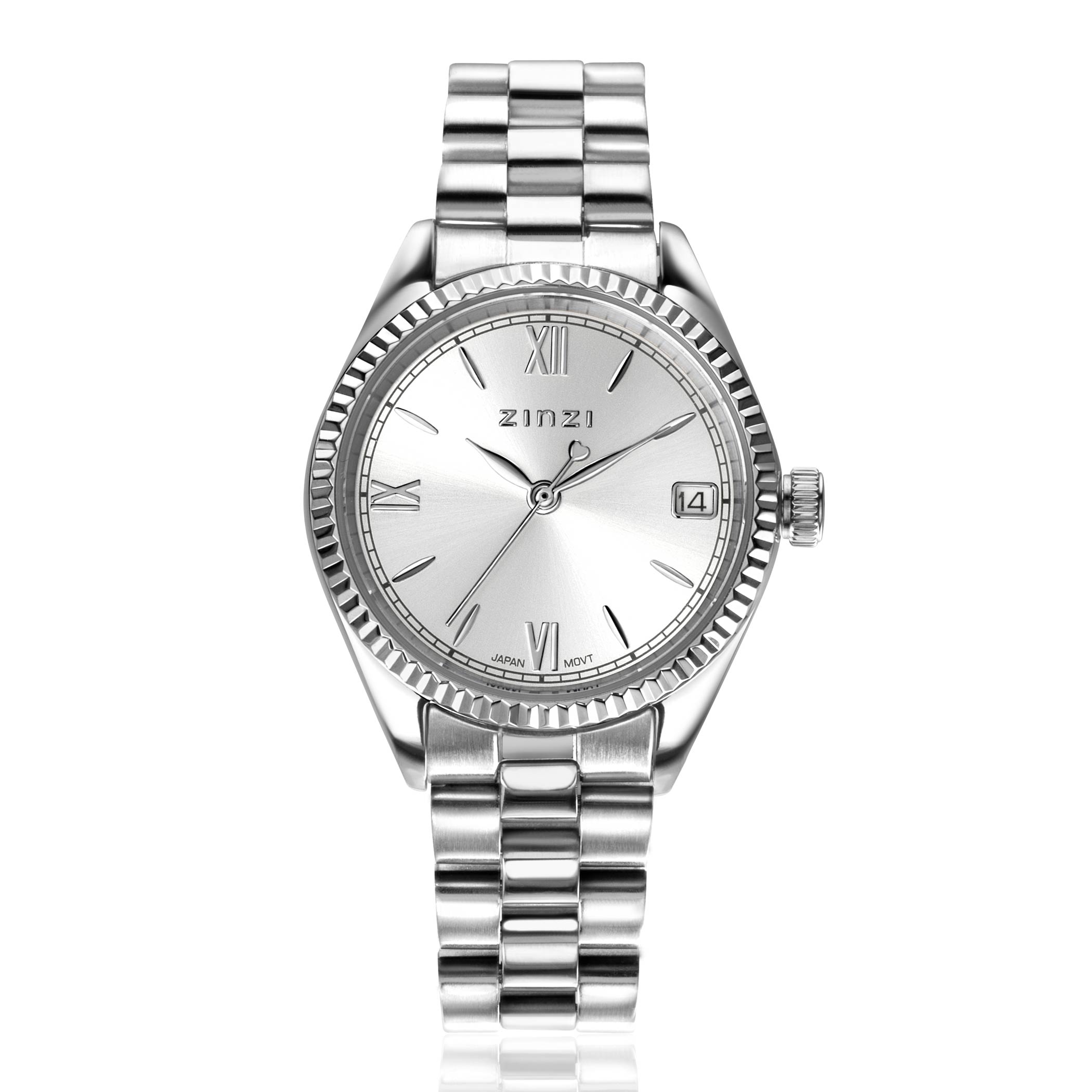 ZINZI Iconic horloge 30mm met datum, gekartelde rand, zilverkleurige wijzerplaat en stalen schakelband ZIW2202