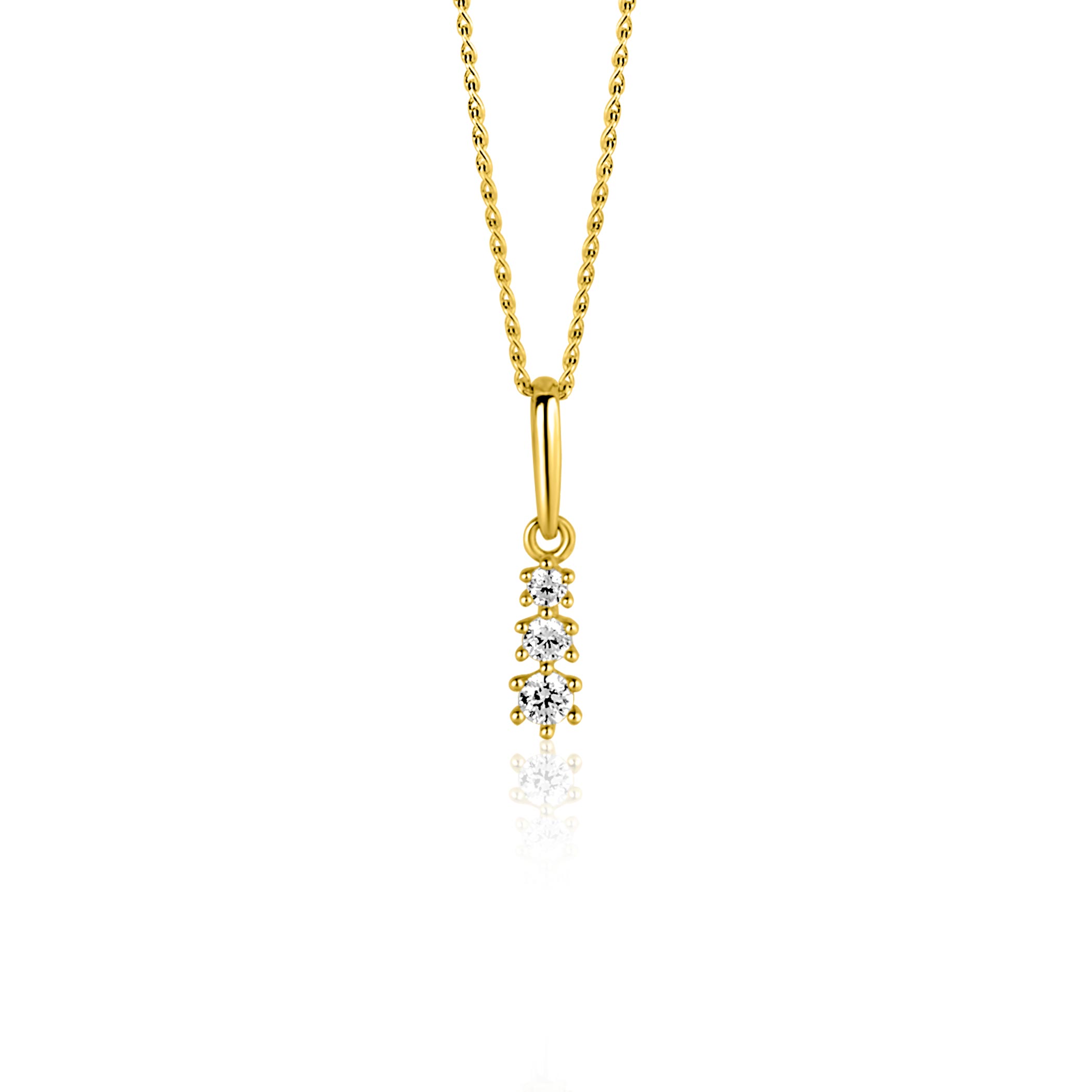 13mm ZINZI Gold 14 krt gouden hanger met drie witte zirkonia's ZGH543 (zonder collier)