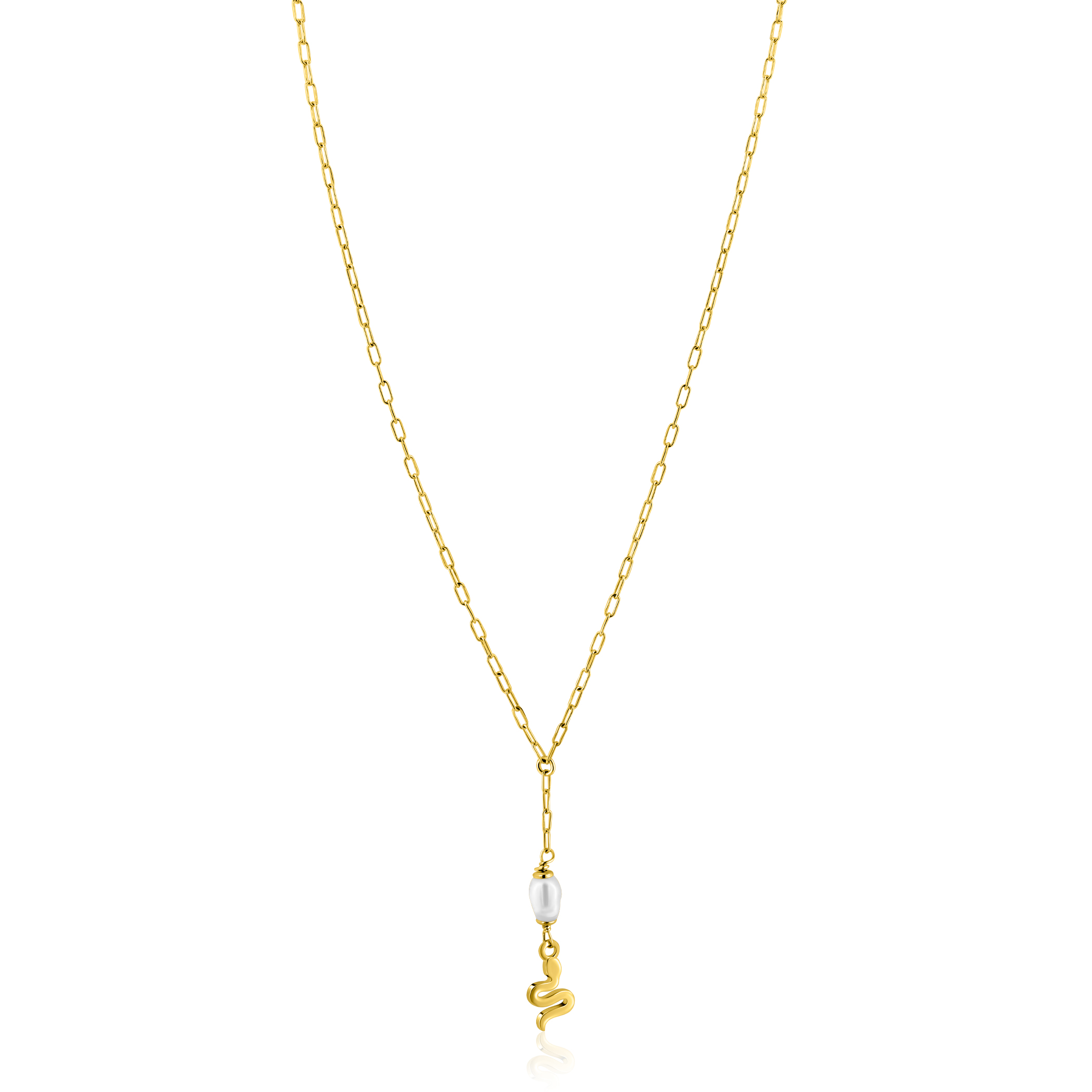 ZINZI gold plated zilveren paperclip Y-collier met witte zoetwaterparel en slang ZIC2761