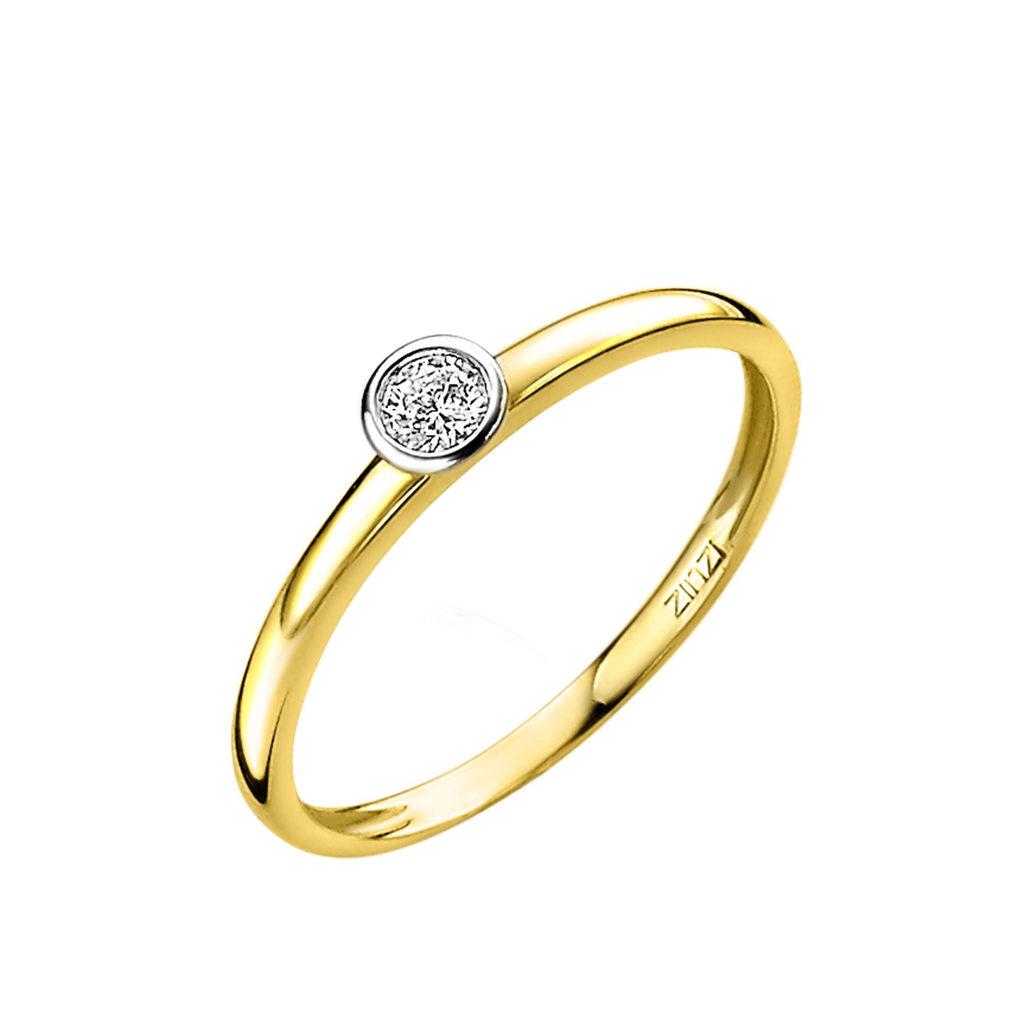 ZINZI Gold 14 karaat gouden gladde aanschuifring met een witgouden ronde zetting. Deze is bezet met een schitterende ronde witte zirconia.