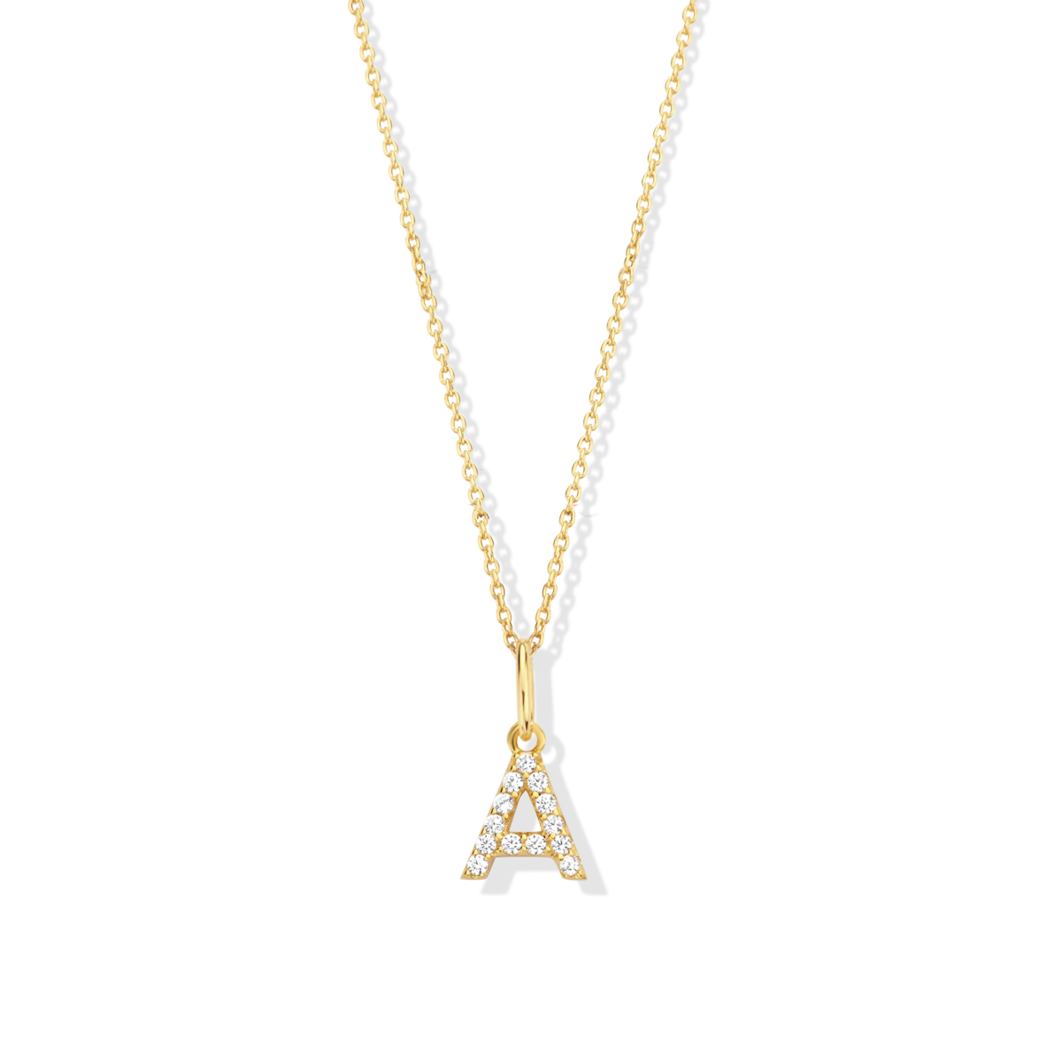 De Halsketting met letter A is een elegant sieraad, gemaakt van verguld zilver en gezet met zirkoontjes.. Perfect om te personaliseren met de initialen van een geliefde. Deze tijdloze ketting, geschikt voor dagelijks gebruik of speciale gelegenheden, voegt een subtiele verfijning toe aan elke outfit. 
