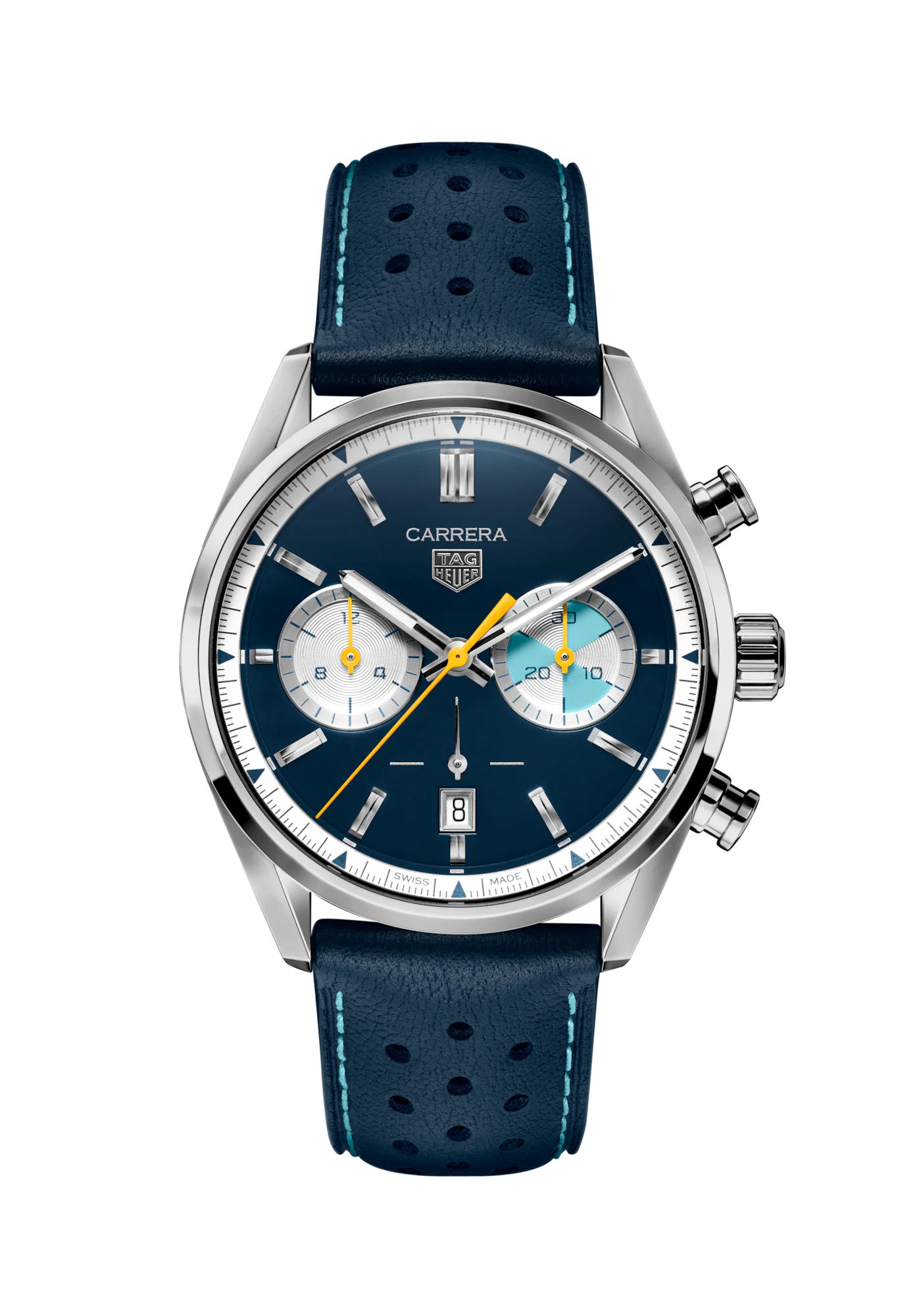 Dit TAG Heuer horloge behoort tot de Carrera collectie en is een Limited Editie met een oplaag van 500 stuks.
Referentienummer: CBN201N.FC6620

Ervaar de avontuurlijke geest van dichtbij met de TAG Heuer Carrera Limited Edition. Dit elegante horloge is opgedragen aan degenen die moed en vastberadenheid tonen, vrijheid nastreven op zonovergoten wegen en avonturen beleven op zee. De donkerblauwe wijzerplaat met turquoise en felgele accenten straalt dynamische energie uit – een perfecte balans tussen merkhistorie en moderniteit, geïnspireerd op een iconisch Heuer-model uit de jaren 50 en 60.

De donkerblauwe, opaalachtige wijzerplaat is voorzien van turquoise accenten op de subwijzerplaten en felgele elementen, wat het horloge een unieke uitstraling geeft. Het in-house vervaardigde TH20-00 chronograafuurwerk, met een gangreserve van 80 uur, is zichtbaar door de transparante achterkant van de kast. Elk exclusief model is genummerd, gelimiteerd tot 500 stuks en gegraveerd met de woorden “LIMITED EDITION” en “XXX/500”.