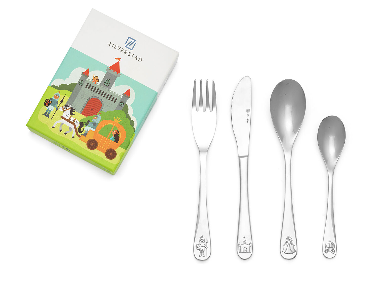 Eten wordt nóg leuker met dit 4-delige kinderbestek met als thema Ridders en Prinsessen. Het bestek bestaat uit een mes, vork, lepel en paplepeltje, is gemaakt van hoogwaardig 18/10 roestvrij staal en kan gegraveerd worden. Het kan gereinigd worden in de vaatwasser. Wel zo handig! De kleurrijke verpakking maakt het bestek uitermate geschikt om te cadeau te geven.