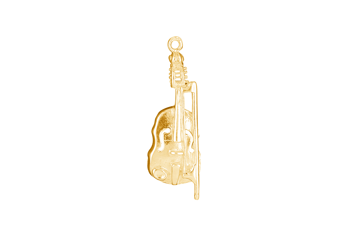 Gouden hanger fantasie viool met strijkstok, ongeveer 26x11mm