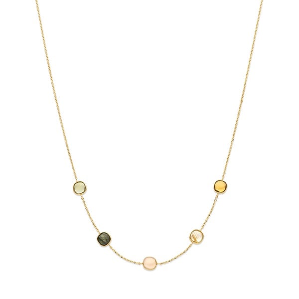 18 kt geel gouden armband van Italo Bottene met de edelstenen: jade, quartz, rhodoliet en chalcedoon Bijhorende ring , oorstekers en armband ook verkrijgbaar 
Lengte: 45 cm