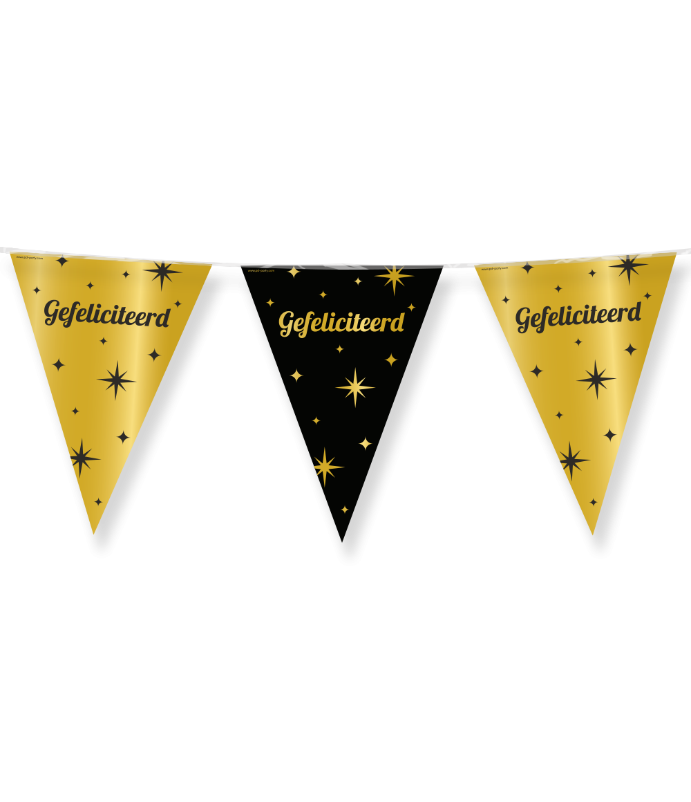 De Classy party flags foil - Gefeliciteerd zijn de ideale versiering op elke verjaardag. Door de kleuren zwart goud en het 'classy' design vallen deze party vlaggen dan ook extra goed op! 