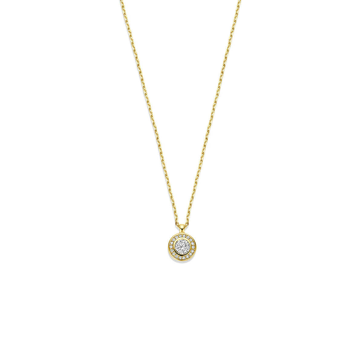 prachtig 14krt gouden collier met een ronde hanger met zirkonia. De de draaglengte is 41- 43- 45cm.