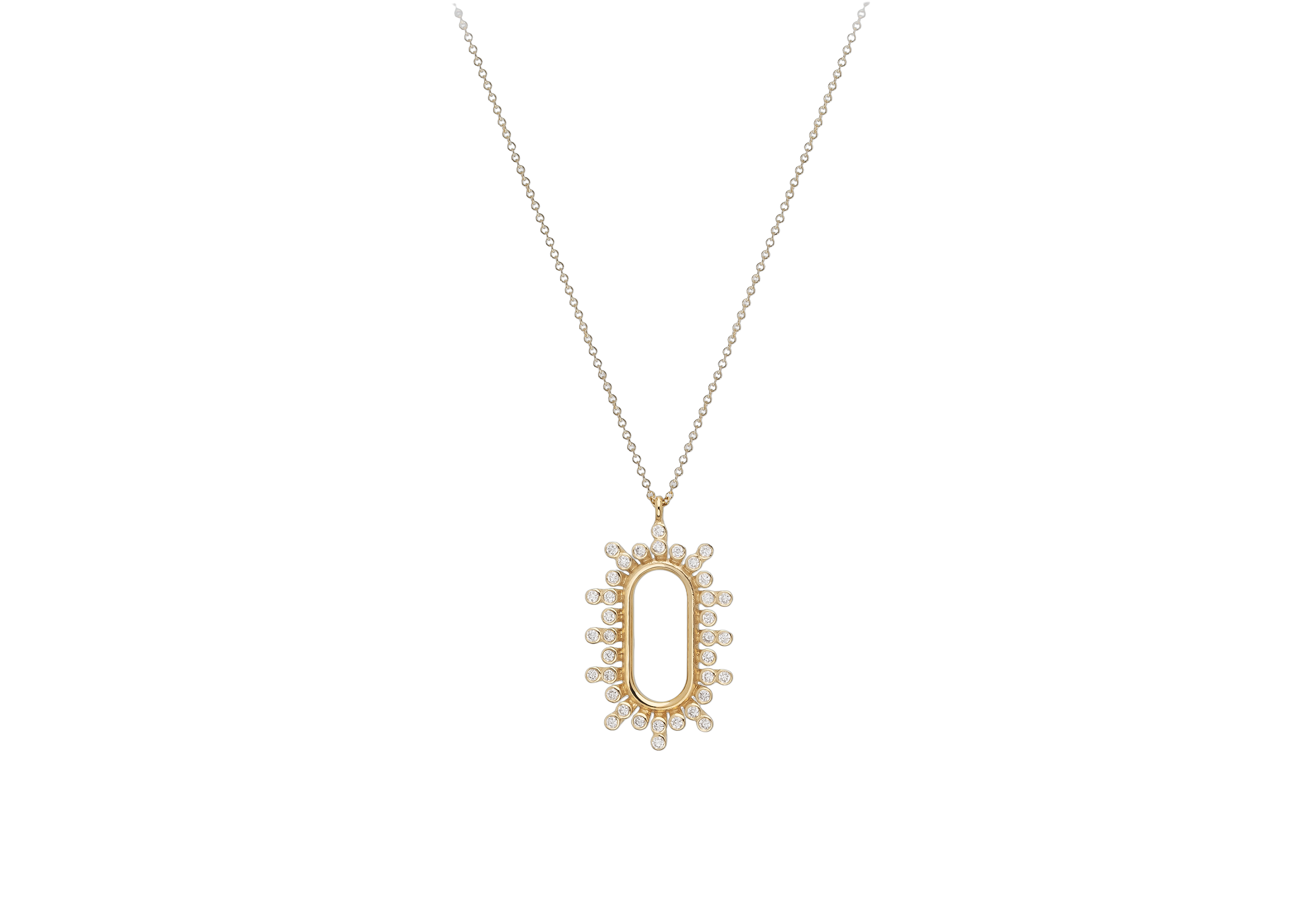 een geelgouden 18 krt collier met een hanger bezet 37 diamantjes briljant geslepen totaal 0.30 crt