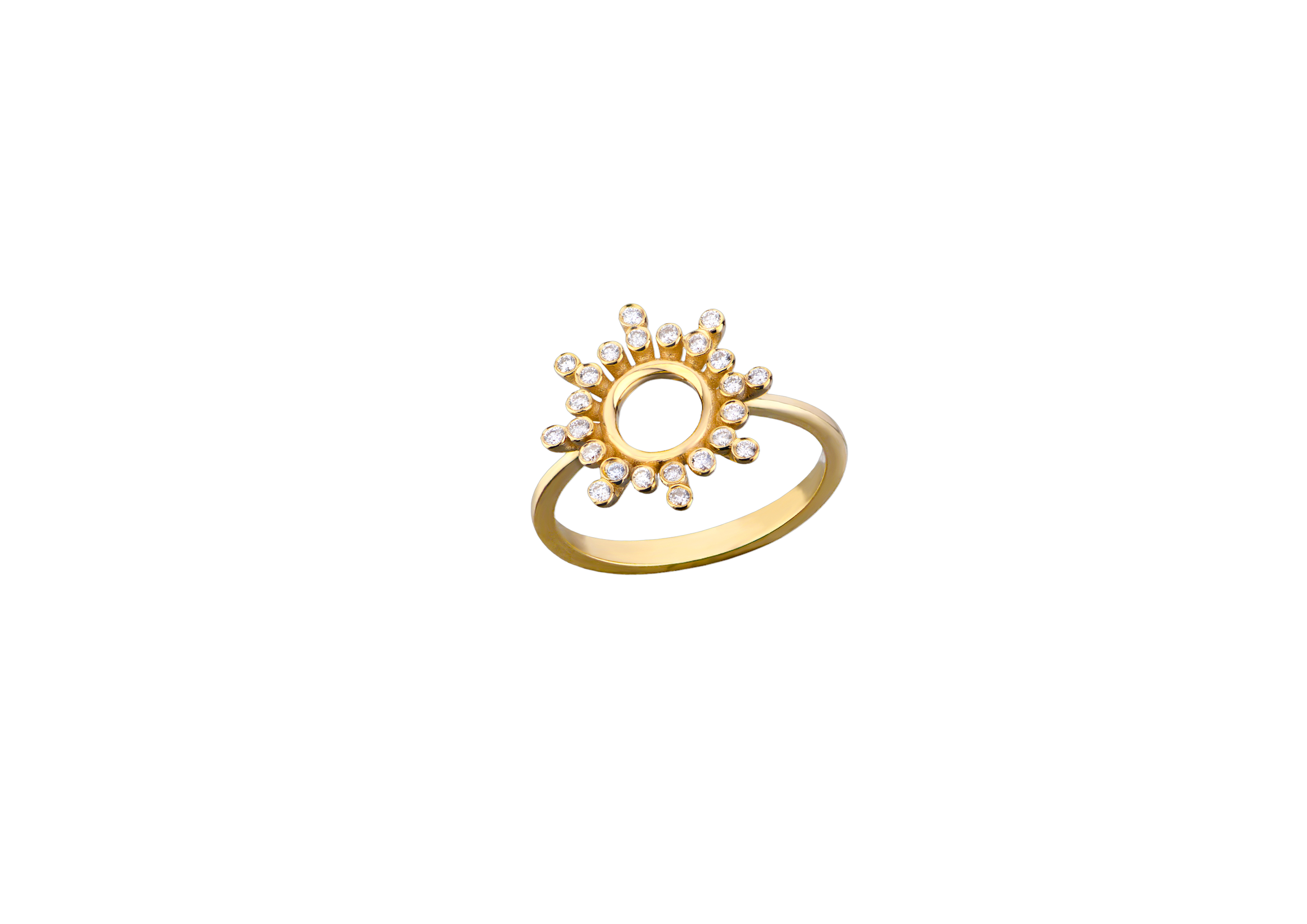 een 18 krt geelgouden ring met in een rondje gezet 24 diamantjes briljant geslepen totaal 0.20 crt.