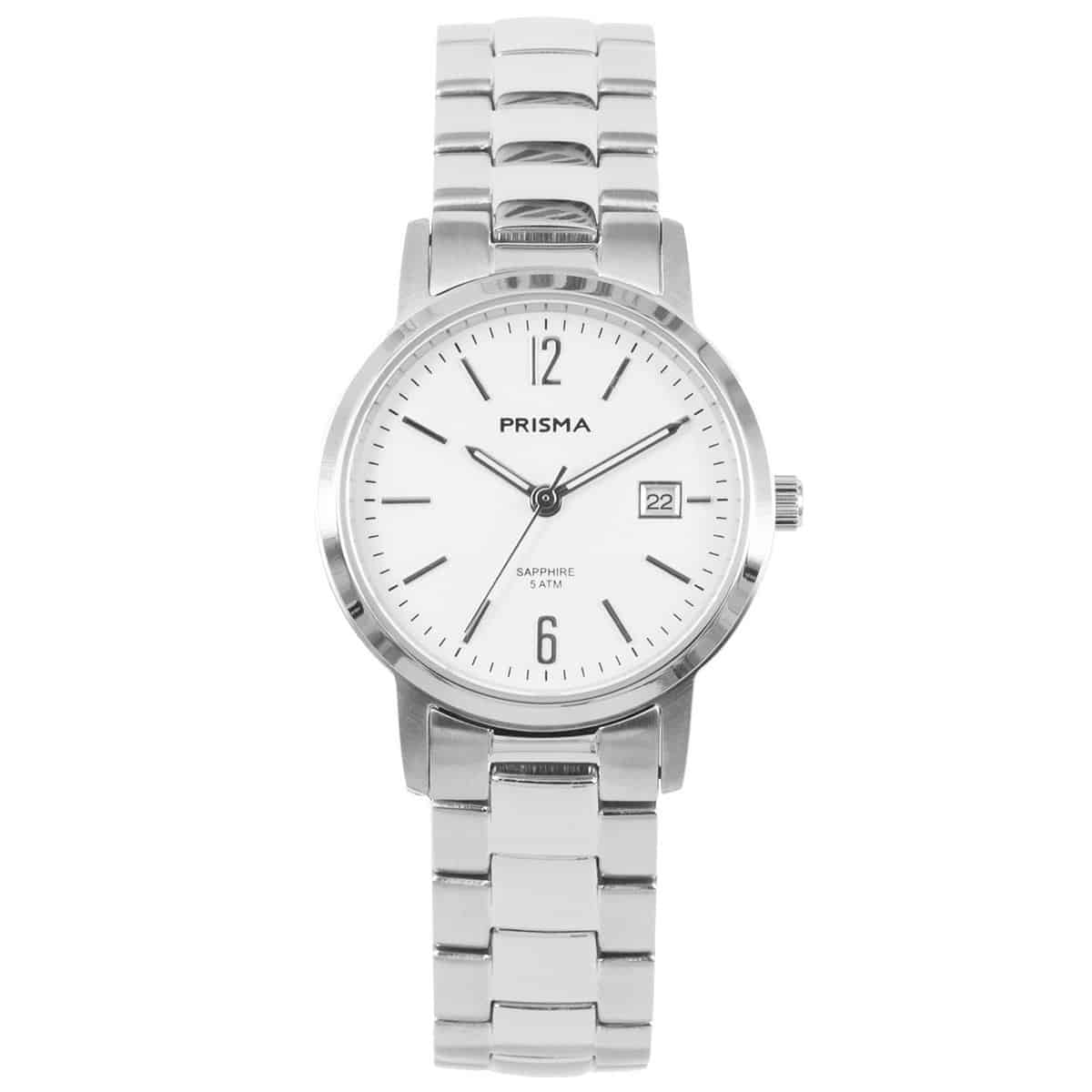 Prisma horloge P.1474 dames edelstaal saffierglas 5 ATM 

Algemeen
Geslacht: dames
Model: P1474

Voordelen
- band edelstaal zilver
- wijzerplaat wit met zilvere streepjes
- glas is zeer krasvast
- wijzers lichten op in donker
- datum
- spat waterdicht: handenwassen, regen
- quartz
- maat kast 28mm (breedte) 7,4mm (dikte)


