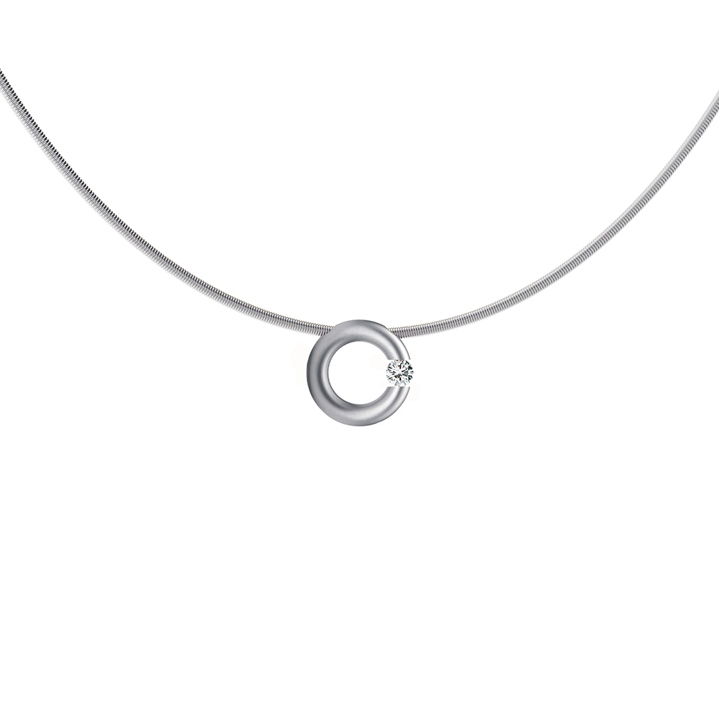Een platina hanger Niessing model spanring 12 mm met een diamant briljant geslepen 0.10 crt VS TW.