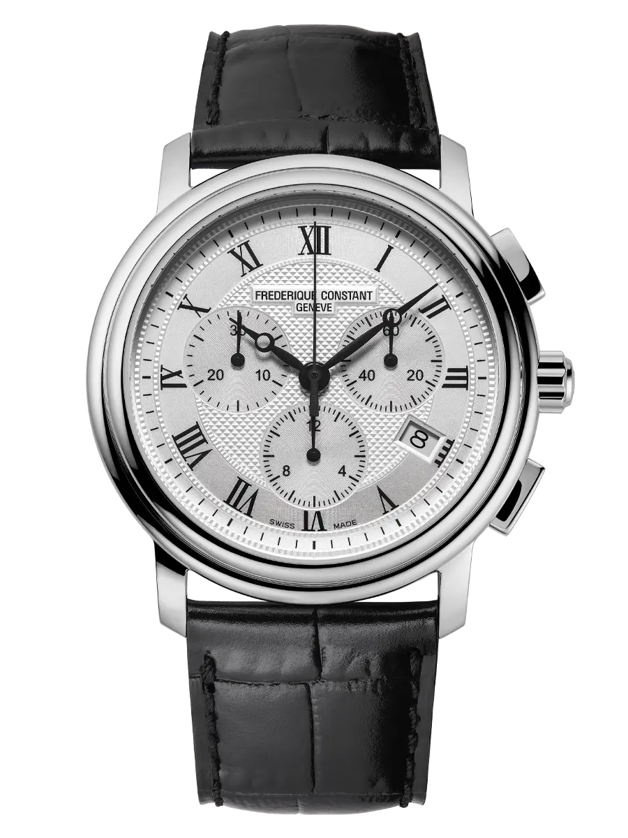 Frederique Constant FC292MC4P6.
De klassieke quartz chronograaf is een betrouwbaar en duurzaam horloge, vervaardigd volgens de strengste precisie-eisen van het merk. 

Het beschikt over een geguillocheerde wijzerplaat en is uitgerust met een quartz-uurwerk met uur-, minuten-, seconden-, stopwatch- en datumweergave.