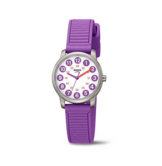 Boccia kinderhorloge, titaniumkast met paarse siliconen band
