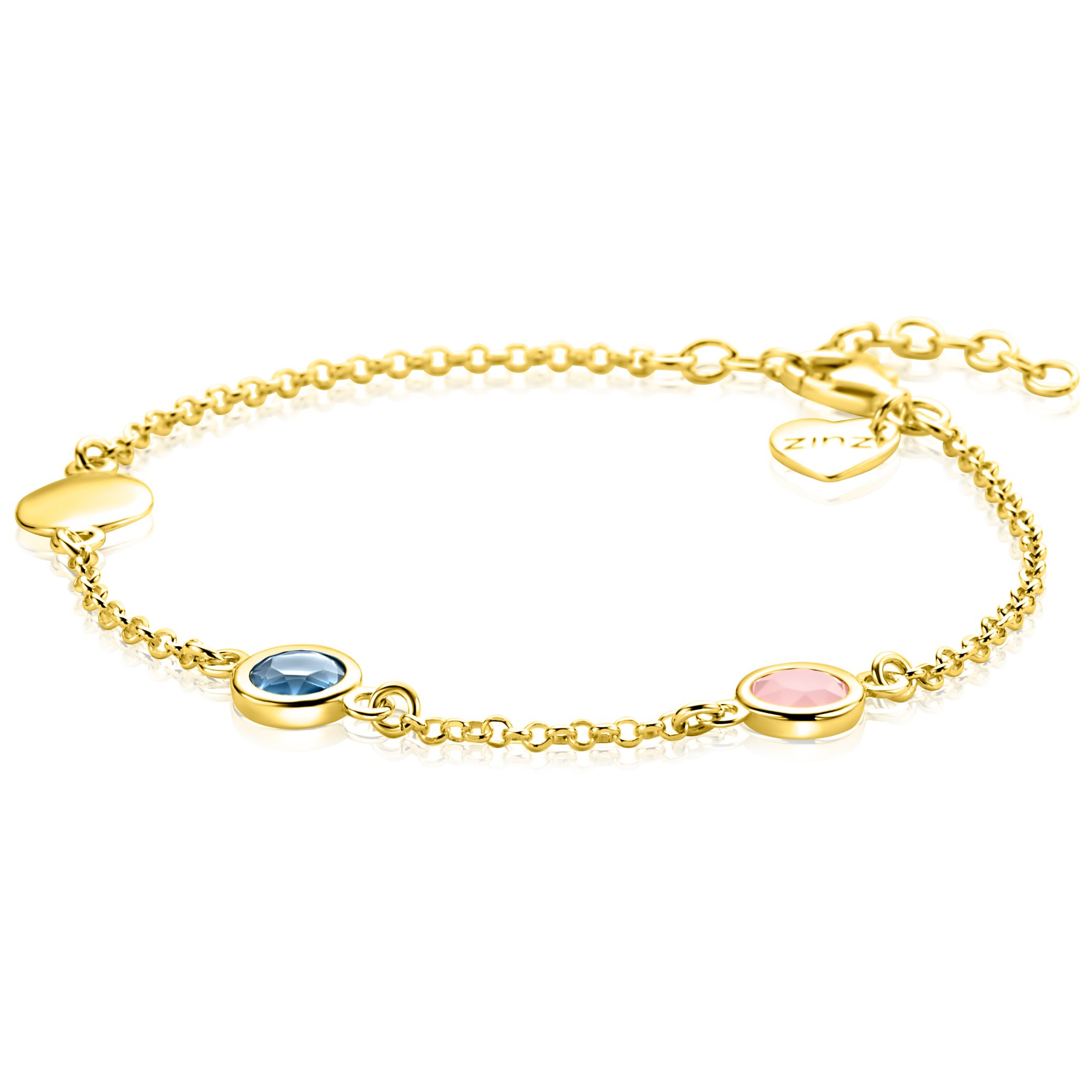 ZINZI gold plated zilveren armband met rondjes, bezet met blauwe en roze kleurstenen. Lengte 16-19cm. ZIA2715G