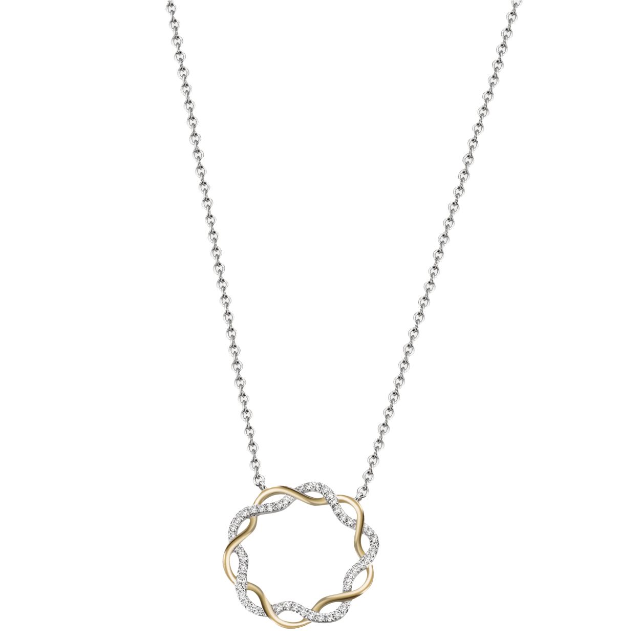 Entdecken Sie die exquisite Halskette. Diese elegante 585/- Weißgold Kette mit einem 585/- Bicolor Brillant Anhänger besticht durch ihr außergewöhnliches Design und ist das perfekte Accessoire für jeden Anlass. Tragen Sie sie alleine für einen klassischen Look oder kombinieren Sie sie mit anderen Schmuckstücken für ein eindrucksvolles Statement. Ein Muss für Ihr Schmuckkästchen!