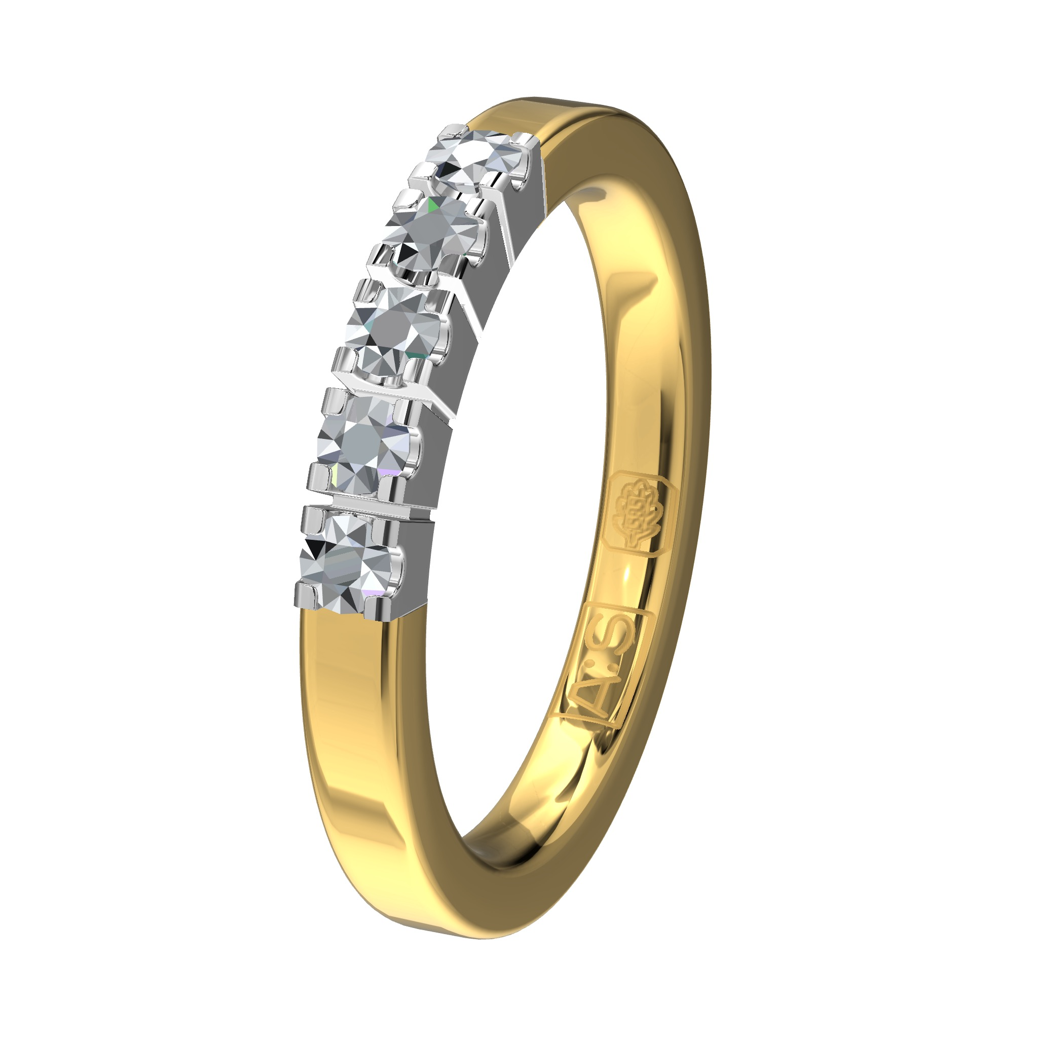 Aller Spanninga geelgouden trouwring met witgouden zetting met 5 X 0.05ct briljant.