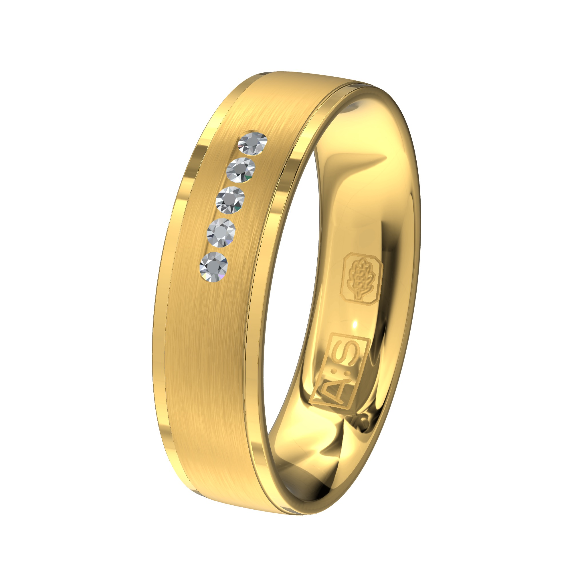 Aller Spanninga geelgouden trouwring met 5 X 0.010 ct briljant.
Prijzen kunnen afwijken door wisselende goudkoersen.
Maak vrijblijvend een afspraak en bespreek uw wensen.
